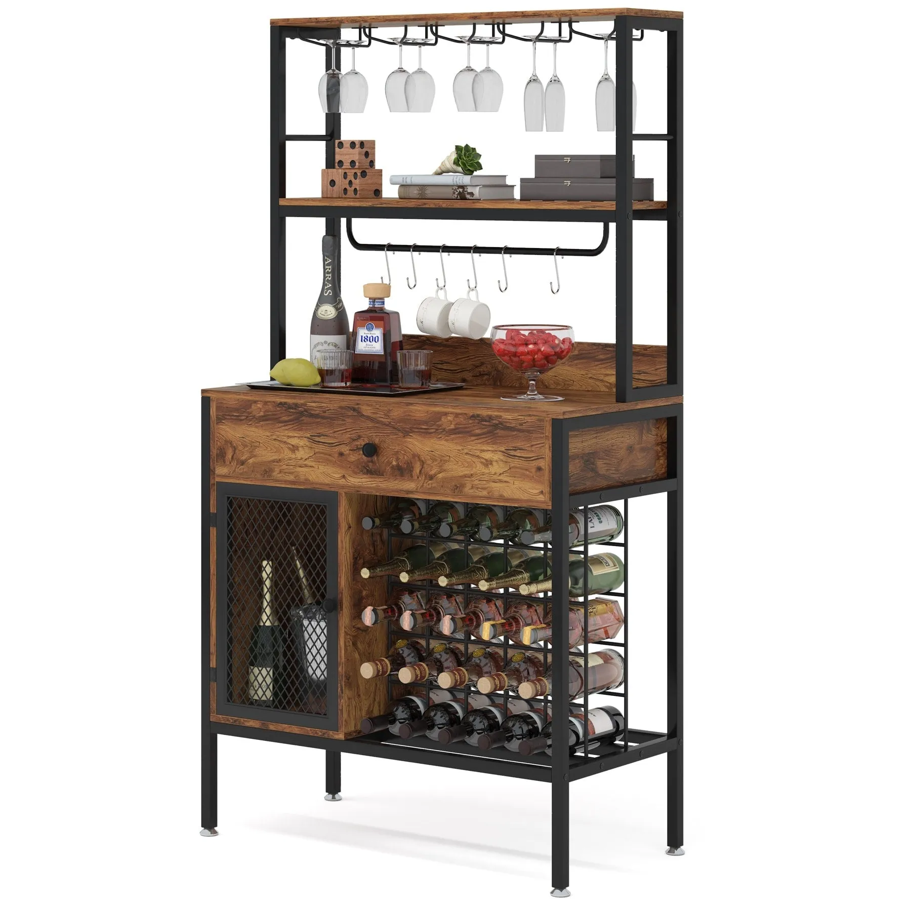 Freestanding Wine Rack Table with Drawer, Liquor Cabinet with Glass Holders, Brown W/Black Metal