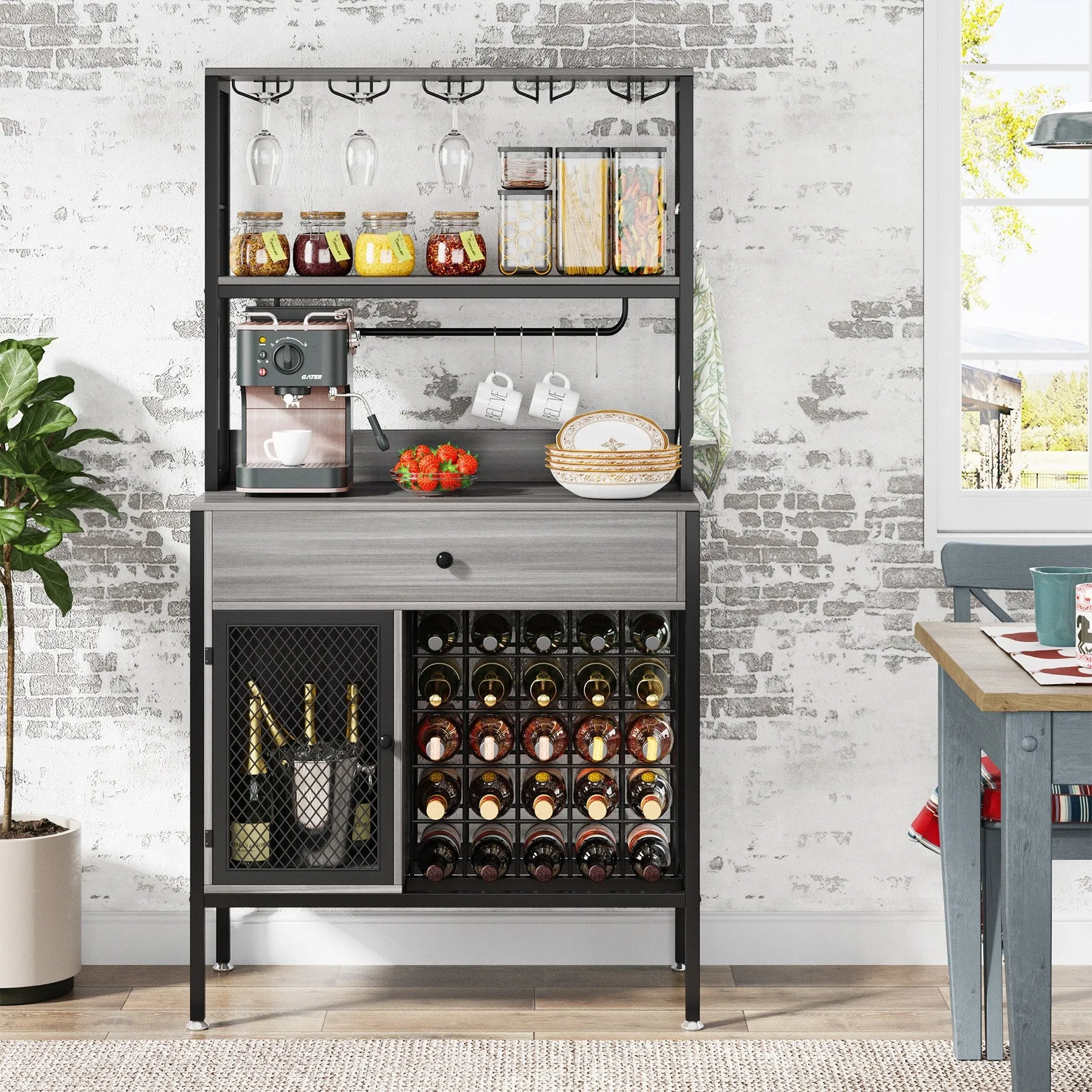 Freestanding Wine Rack Table with Drawer, Liquor Cabinet with Glass Holders, Brown W/Black Metal