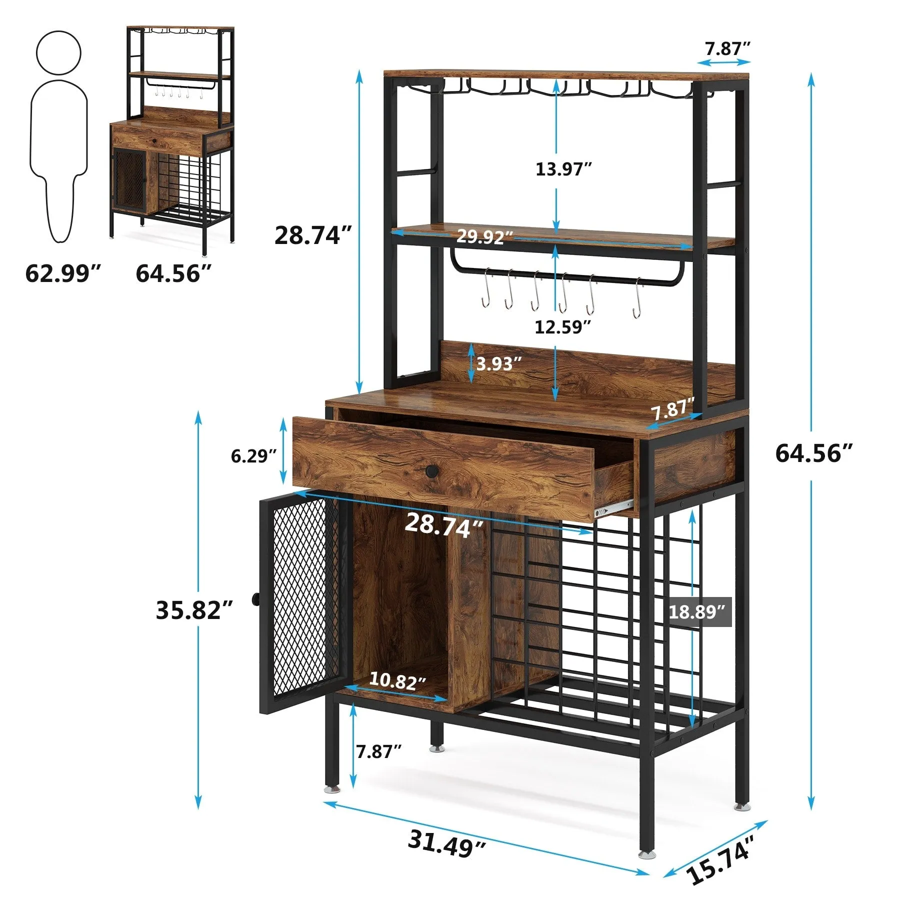 Freestanding Wine Rack Table with Drawer, Liquor Cabinet with Glass Holders, Brown W/Black Metal