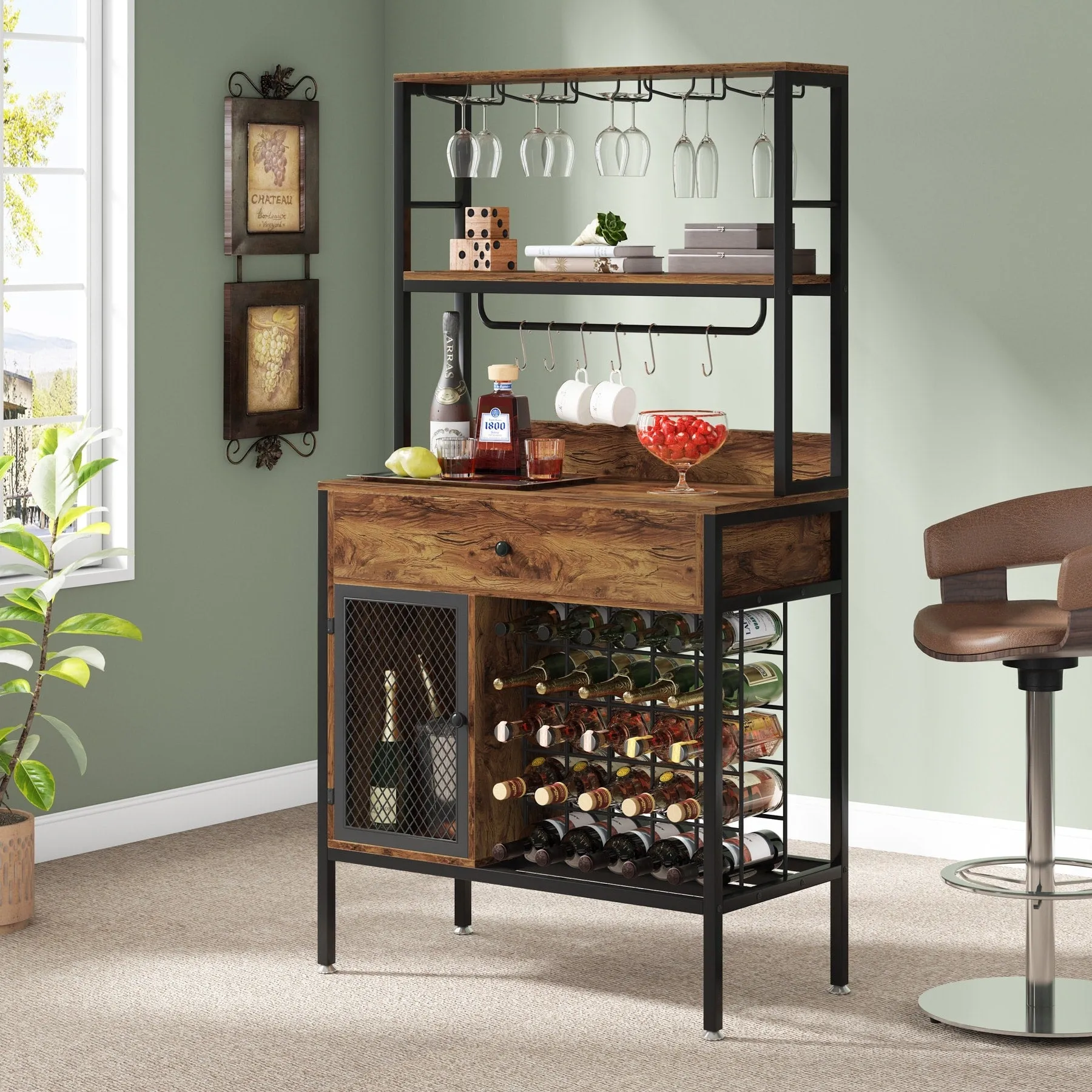 Freestanding Wine Rack Table with Drawer, Liquor Cabinet with Glass Holders, Brown W/Black Metal