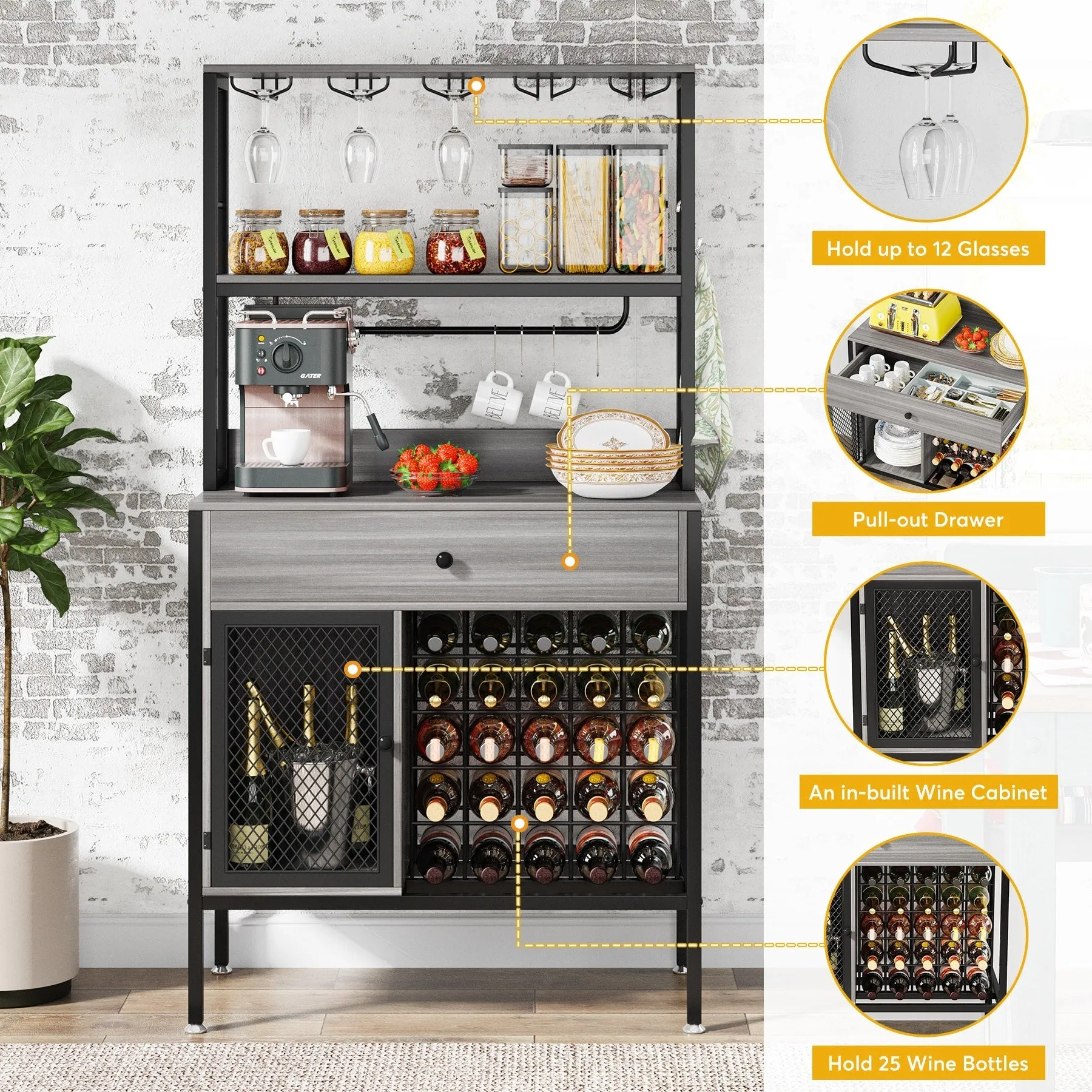 Freestanding Wine Rack Table with Drawer, Liquor Cabinet with Glass Holders, Brown W/Black Metal