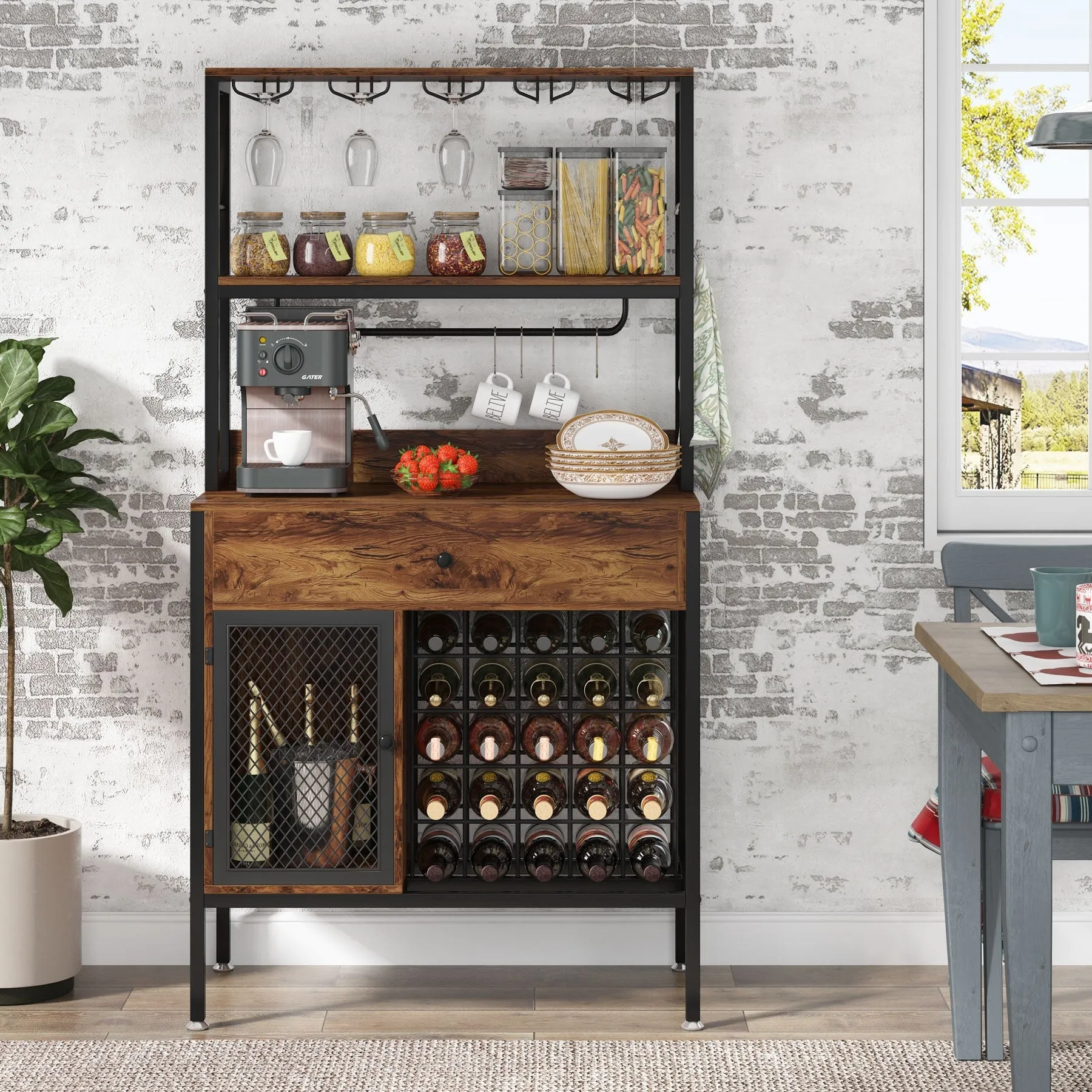 Freestanding Wine Rack Table with Drawer, Liquor Cabinet with Glass Holders, Brown W/Black Metal