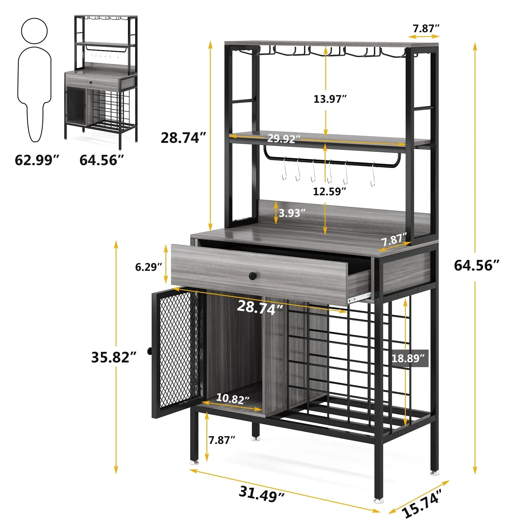 Freestanding Wine Rack Table with Drawer, Liquor Cabinet with Glass Holders, Brown W/Black Metal