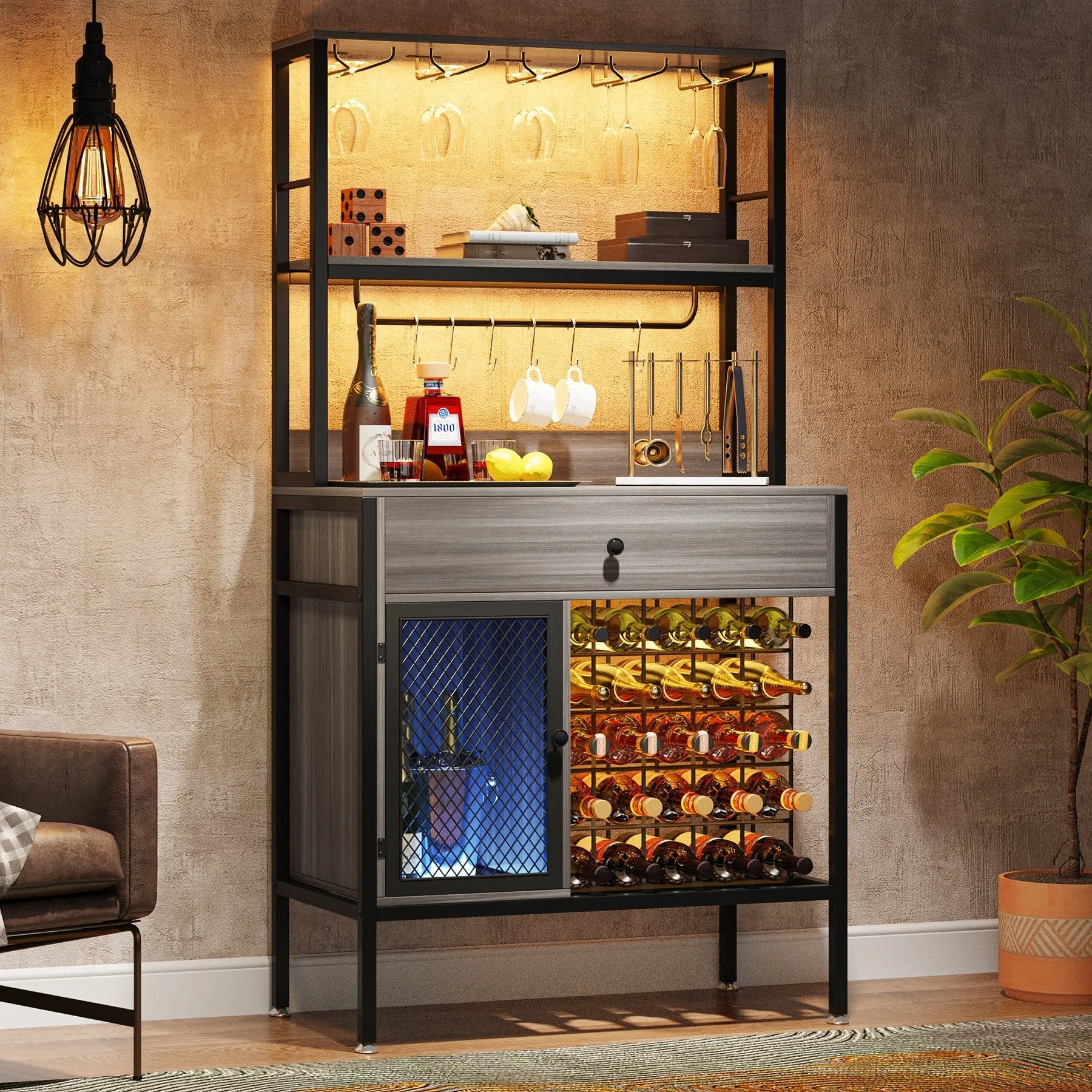 Freestanding Wine Rack Table with Drawer, Liquor Cabinet with Glass Holders, Brown W/Black Metal