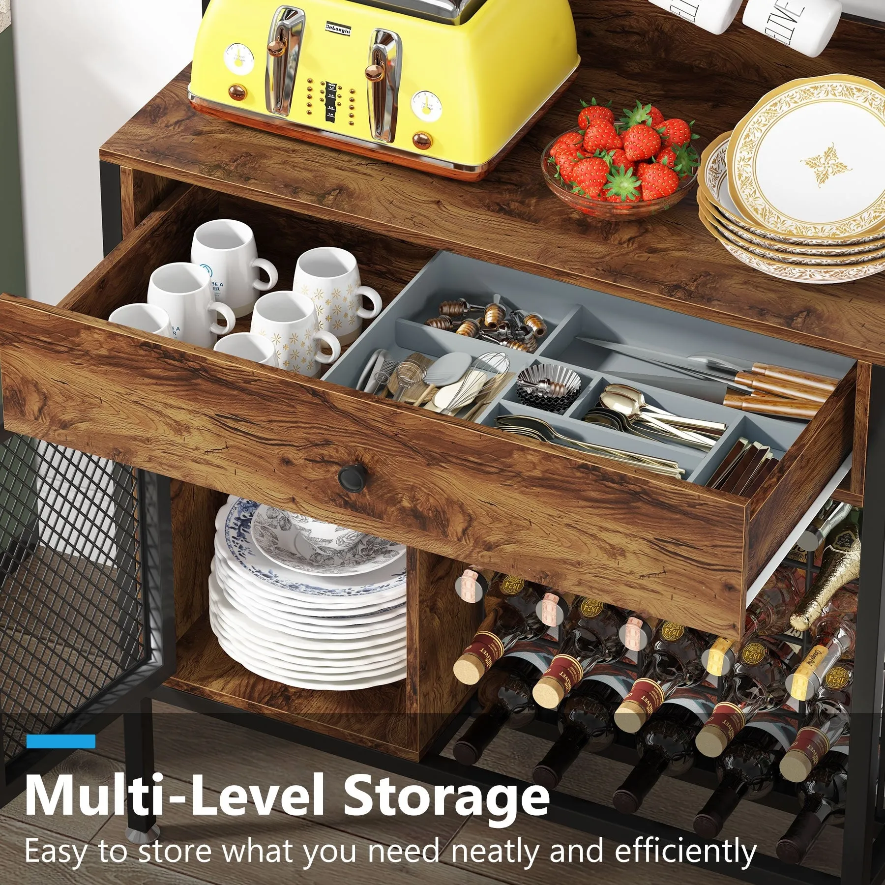 Freestanding Wine Rack Table with Drawer, Liquor Cabinet with Glass Holders, Brown W/Black Metal