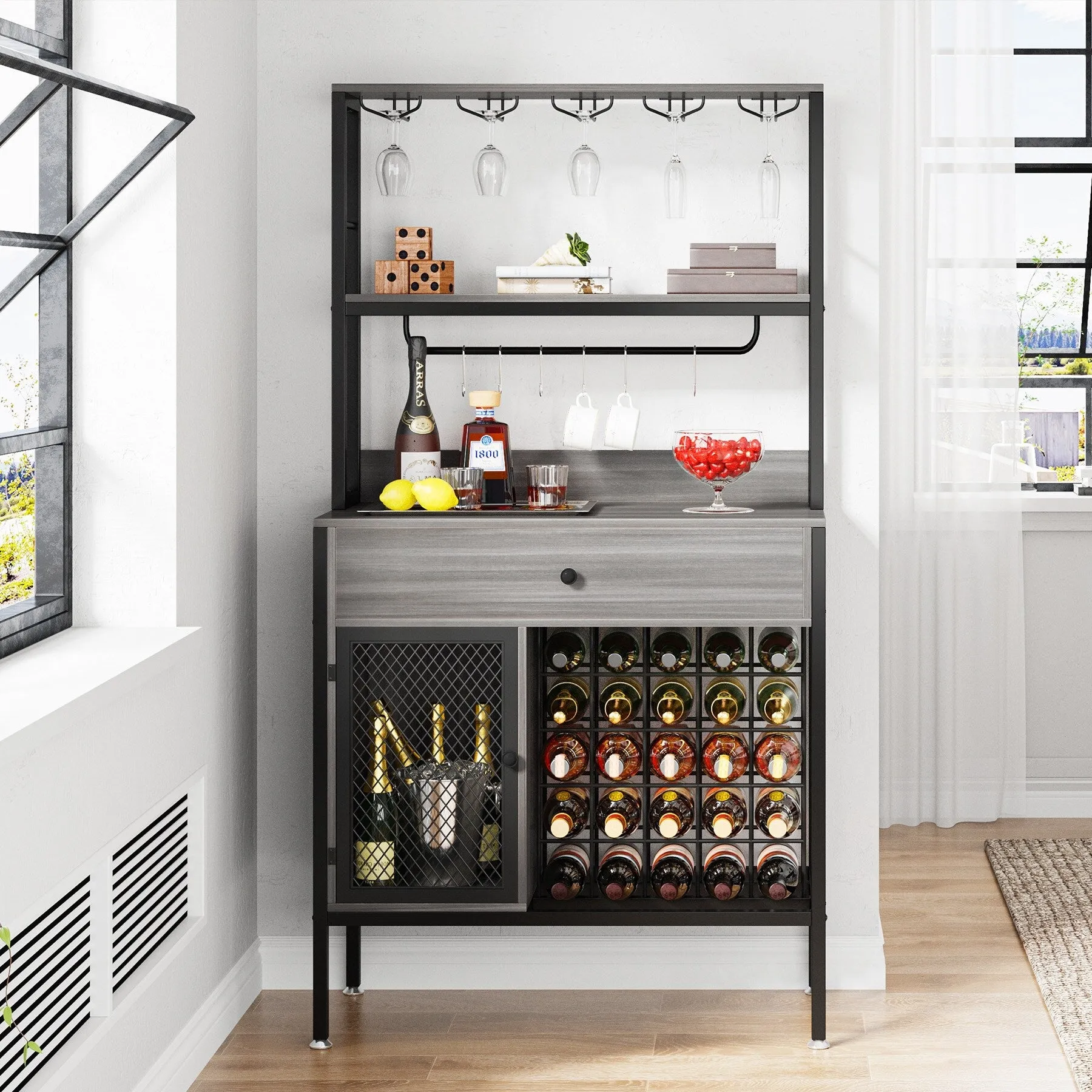 Freestanding Wine Rack Table with Drawer, Liquor Cabinet with Glass Holders, Brown W/Black Metal