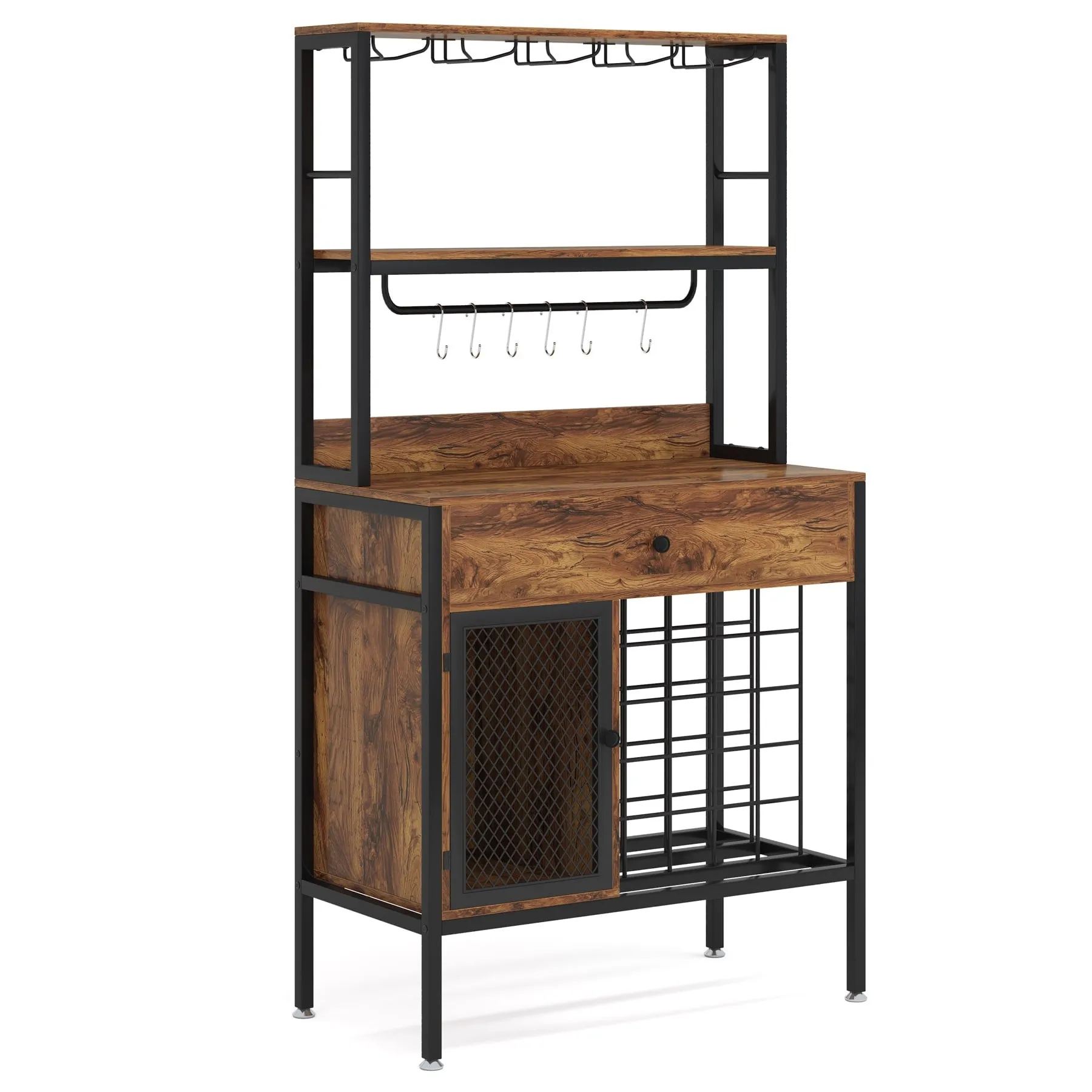 Freestanding Wine Rack Table with Drawer, Liquor Cabinet with Glass Holders, Brown W/Black Metal