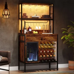 Freestanding Wine Rack Table with Drawer, Liquor Cabinet with Glass Holders, Brown W/Black Metal