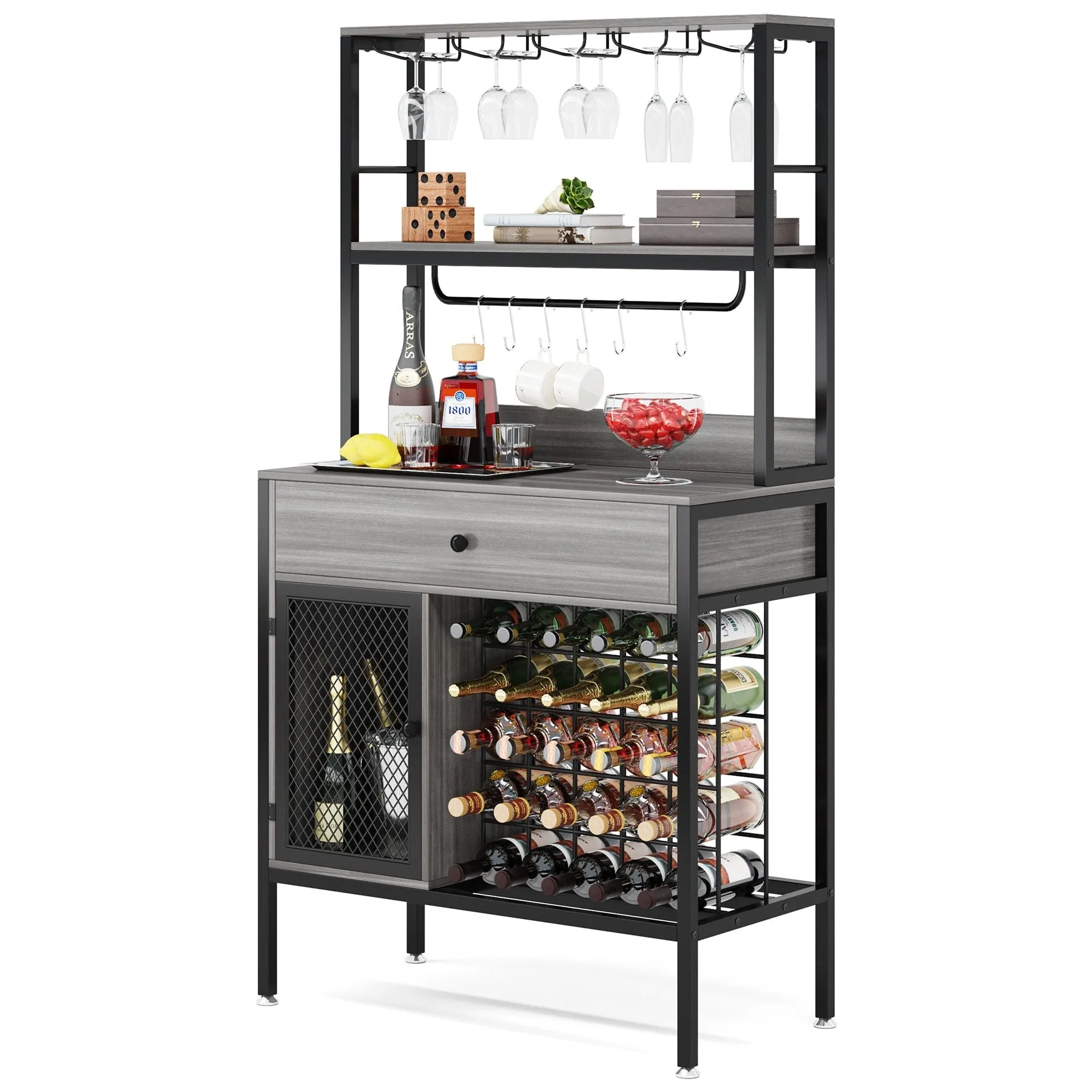 Freestanding Wine Rack Table with Drawer, Liquor Cabinet with Glass Holders, Brown W/Black Metal
