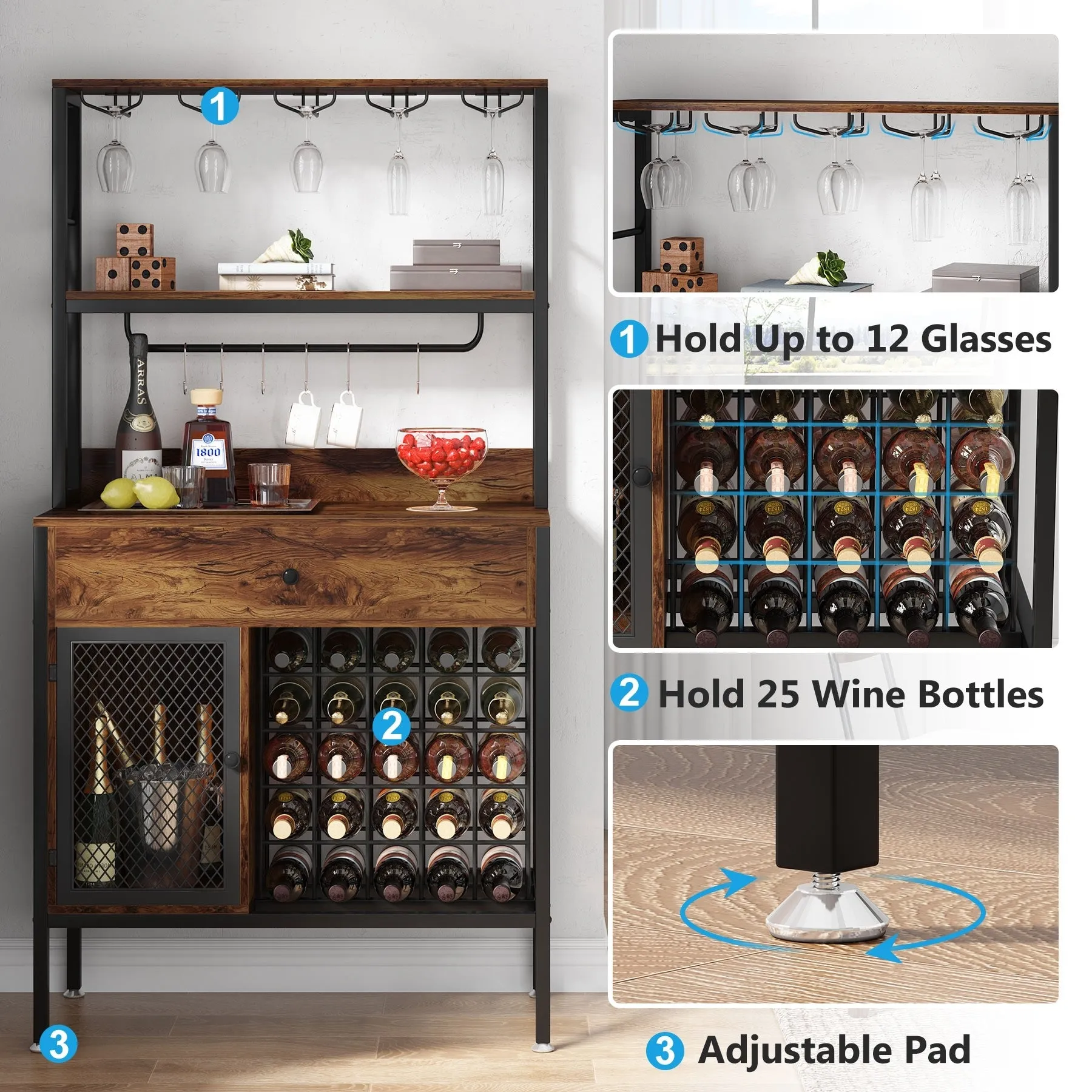 Freestanding Wine Rack Table with Drawer, Liquor Cabinet with Glass Holders, Brown W/Black Metal