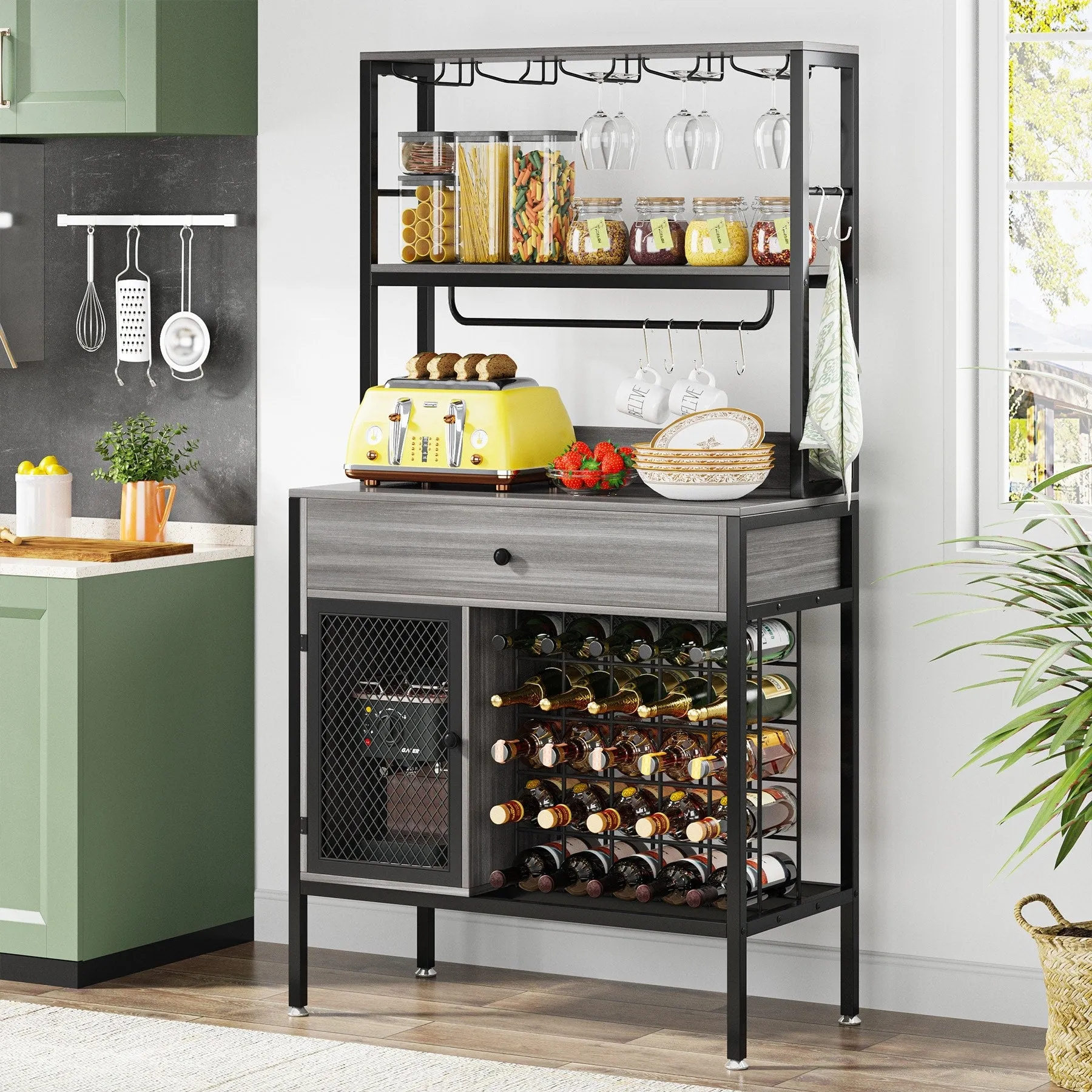 Freestanding Wine Rack Table with Drawer, Liquor Cabinet with Glass Holders, Brown W/Black Metal