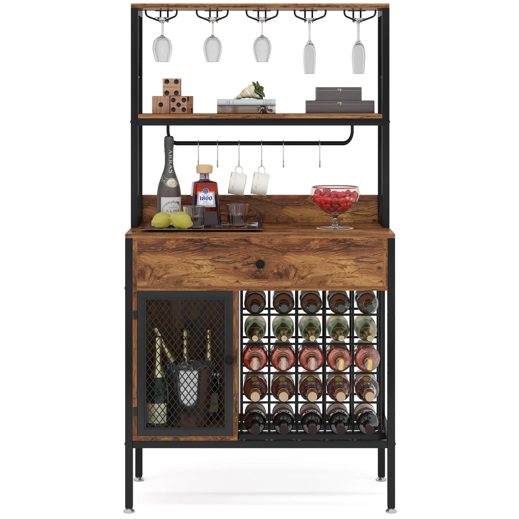 Freestanding Wine Rack Table with Drawer, Liquor Cabinet with Glass Holders, Brown W/Black Metal
