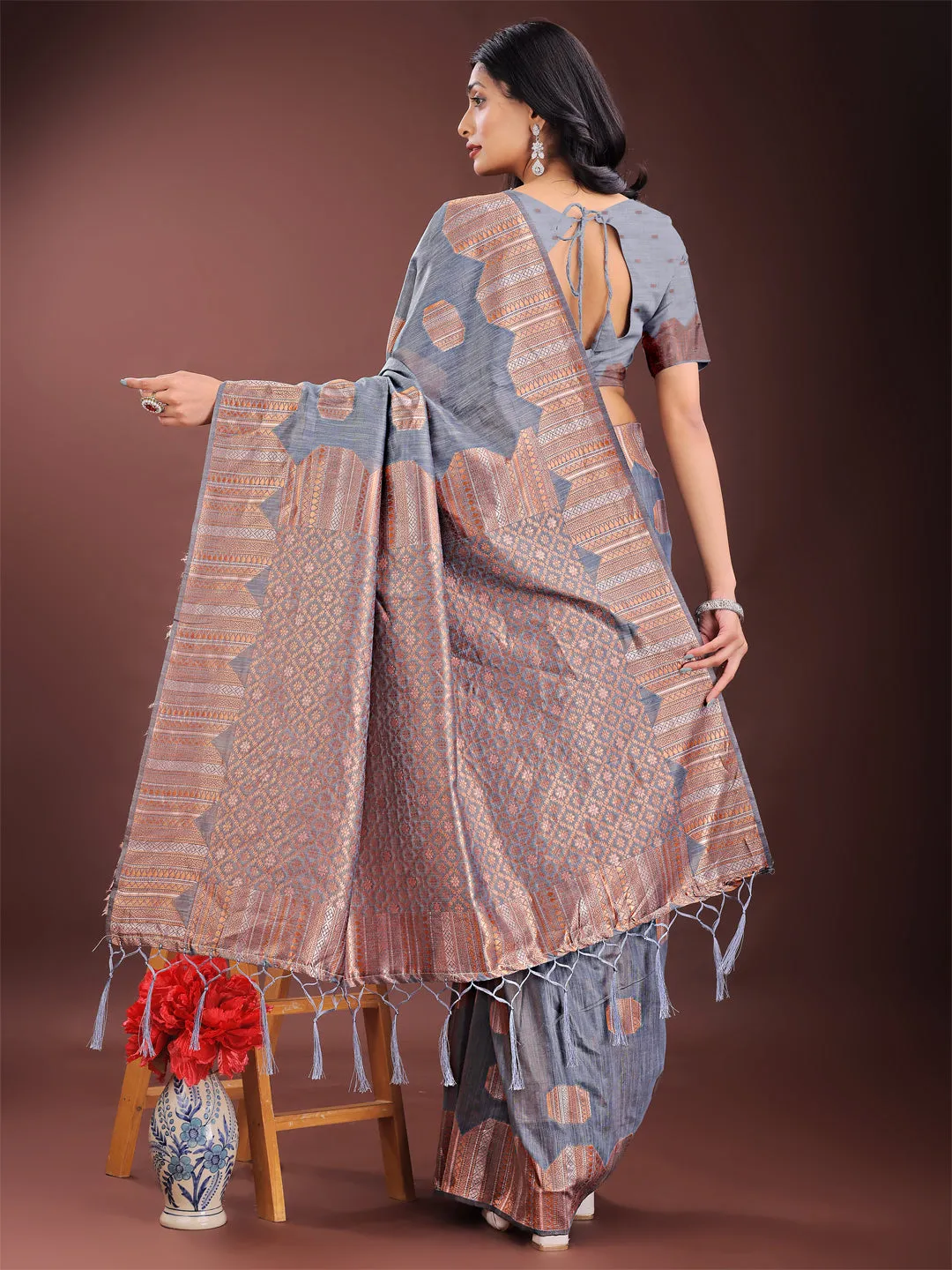 Gray Linen Cotton Saree