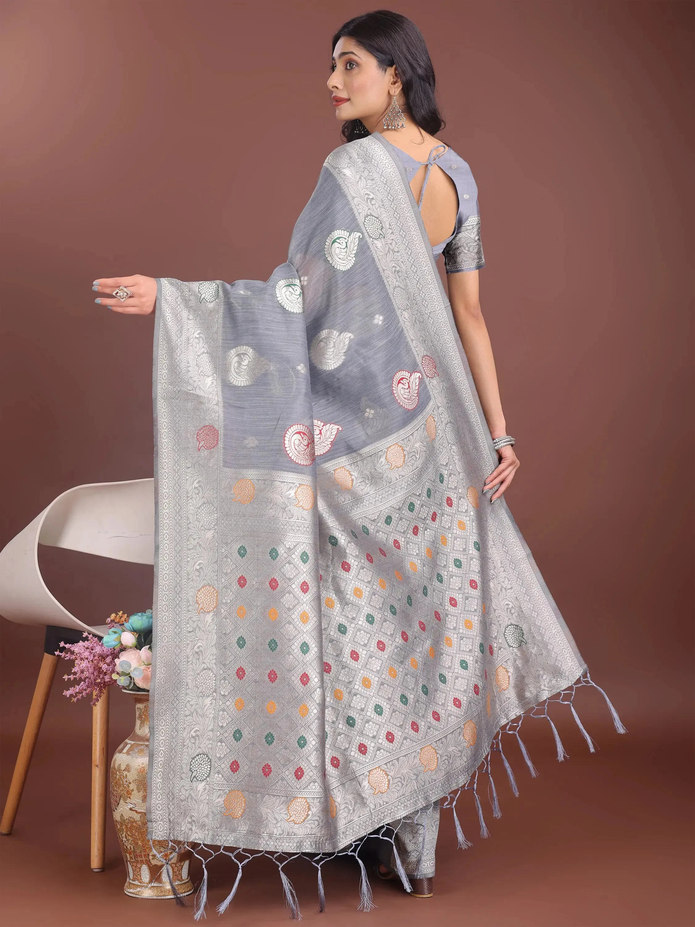 Gray Linen Cotton Saree