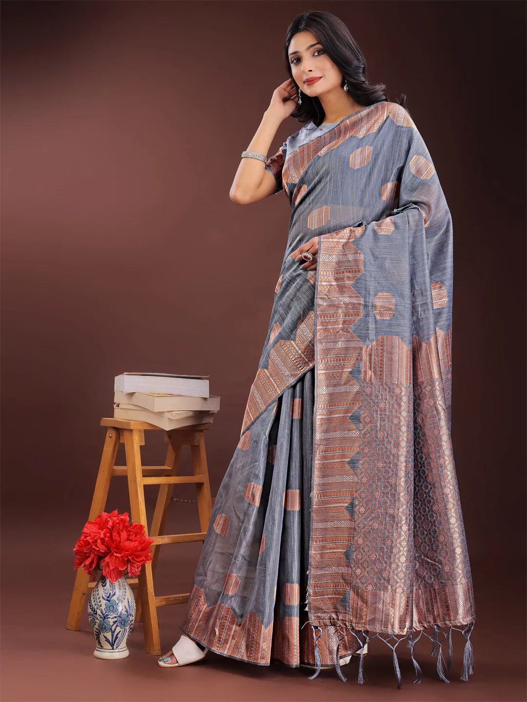 Gray Linen Cotton Saree