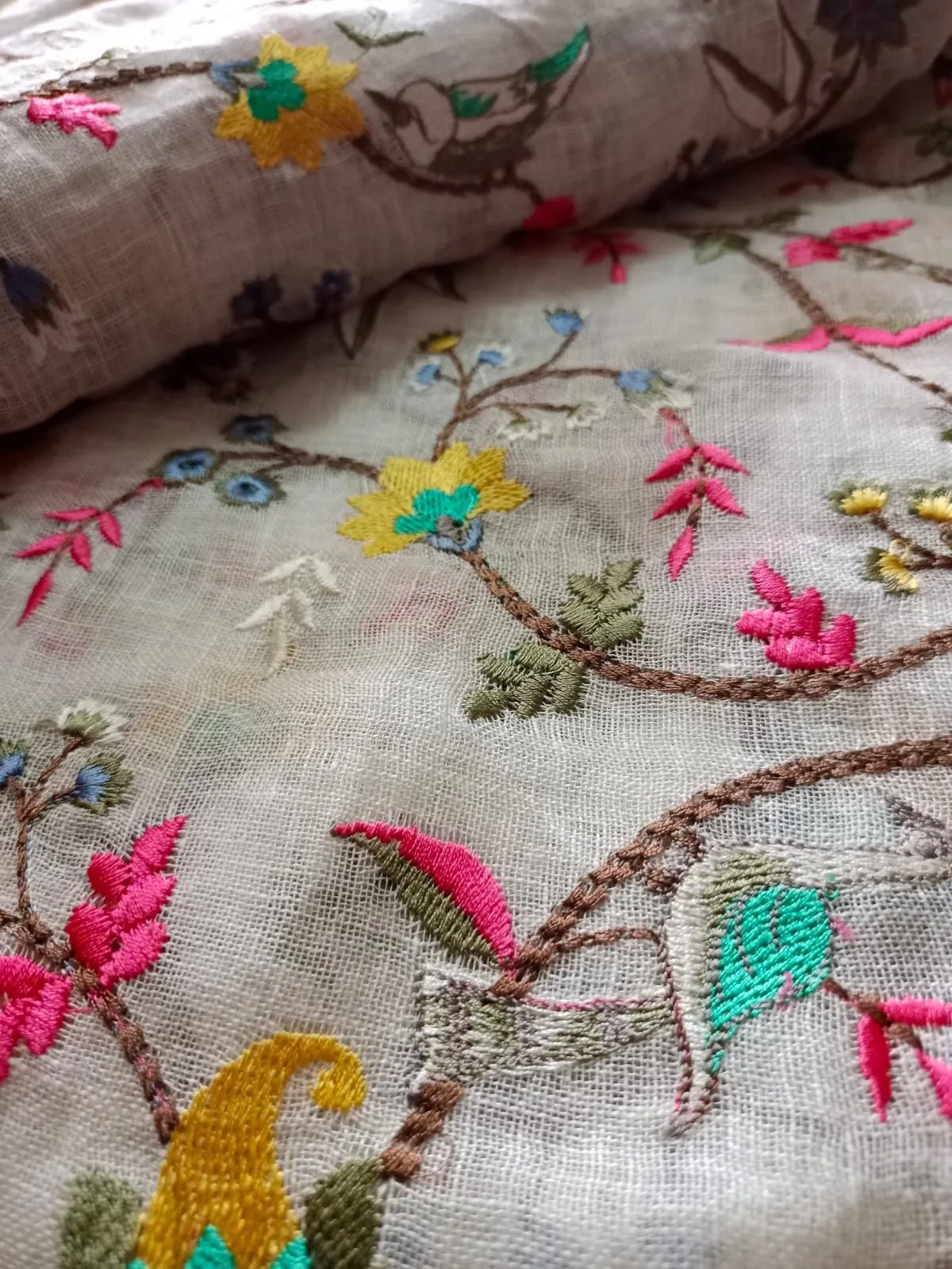 Handwoven Pure Linen Full Jaal Machine Embroidered Fabric
