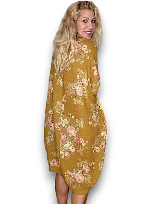 HELGA MAY Italian Linen Elastic Hem 'High Tea' Dress ~ Mustard ~ Free Size