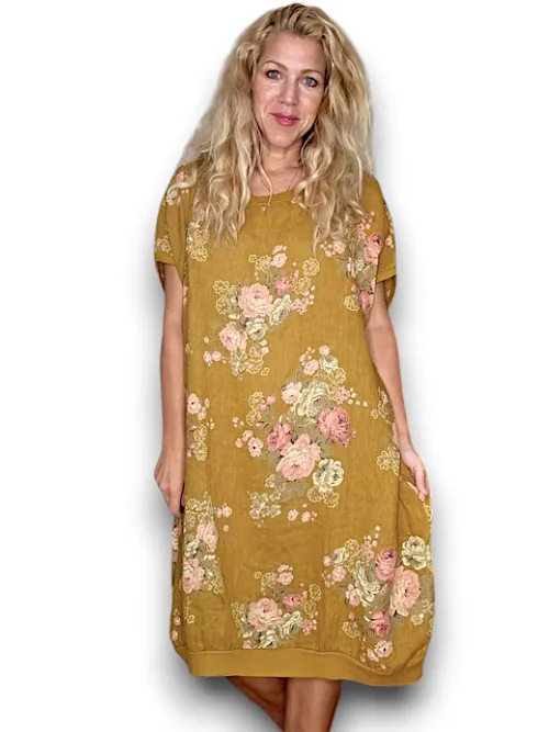 HELGA MAY Italian Linen Elastic Hem 'High Tea' Dress ~ Mustard ~ Free Size