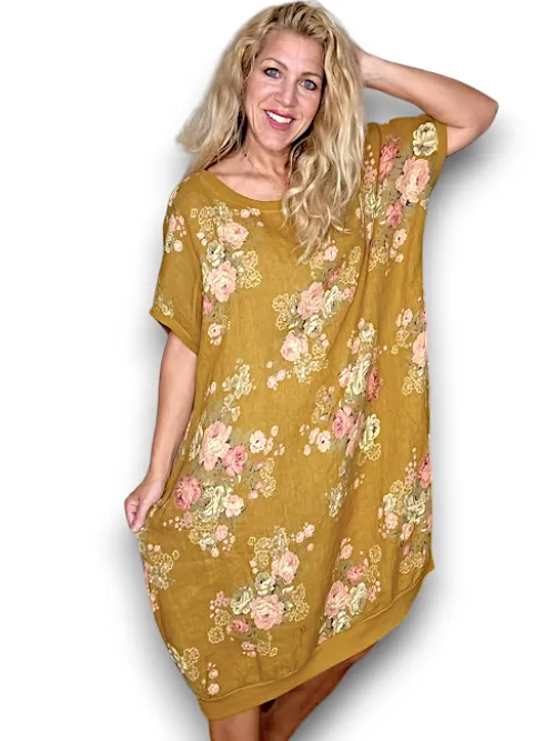 HELGA MAY Italian Linen Elastic Hem 'High Tea' Dress ~ Mustard ~ Free Size