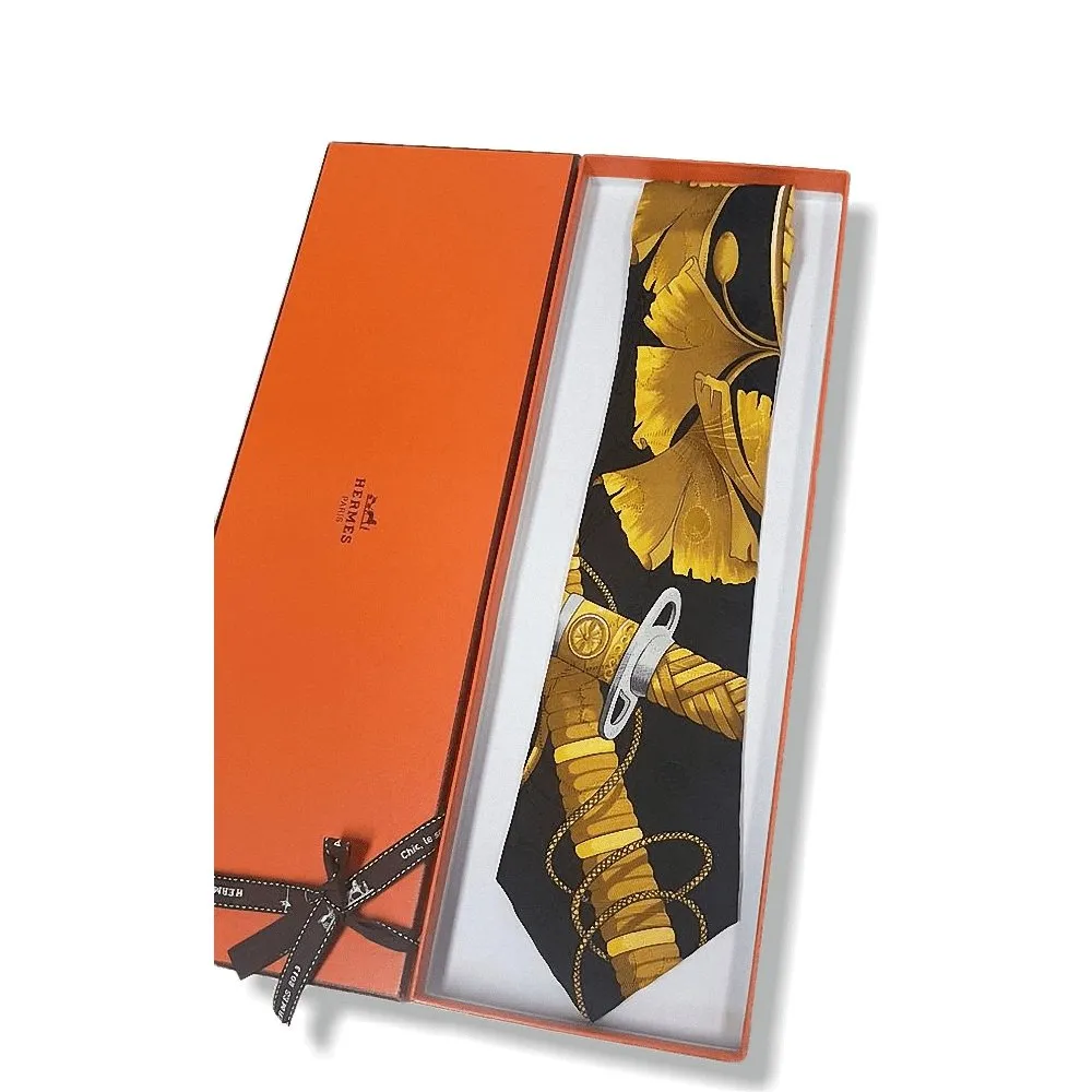 Hermes 1990's Black/Gold Daimyo Princes du Soleil Levant Jacquard Silk Tie NIB!