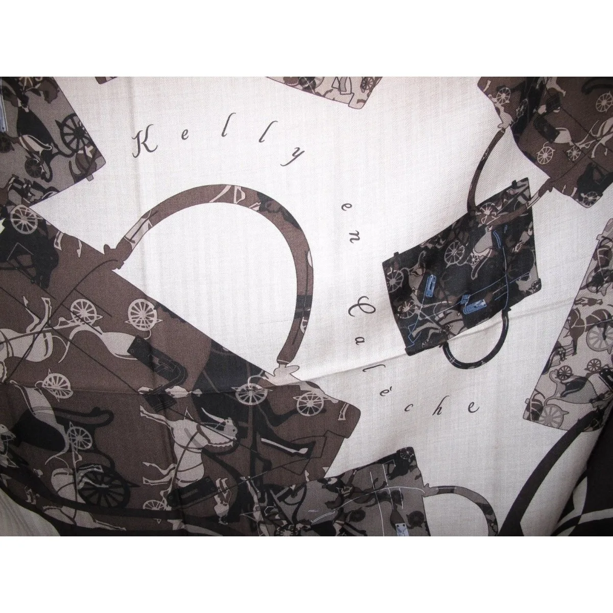 Hermes 2007 Natural Black Brown Kelly en Caleche Cashmere Shawl 140 New!