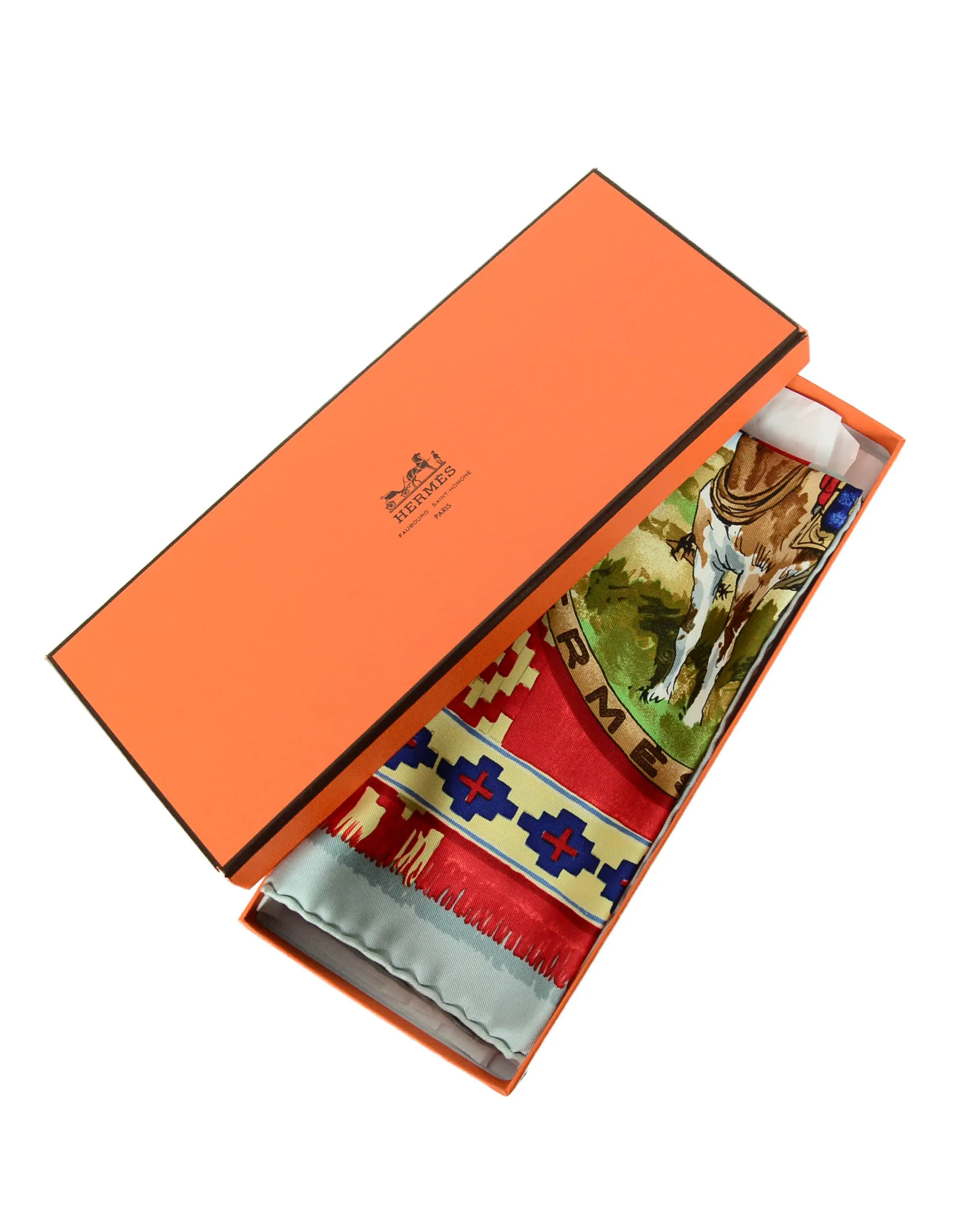 Hermes Blue & Red Gaucho 45cm Silk Pocket Square Scarf