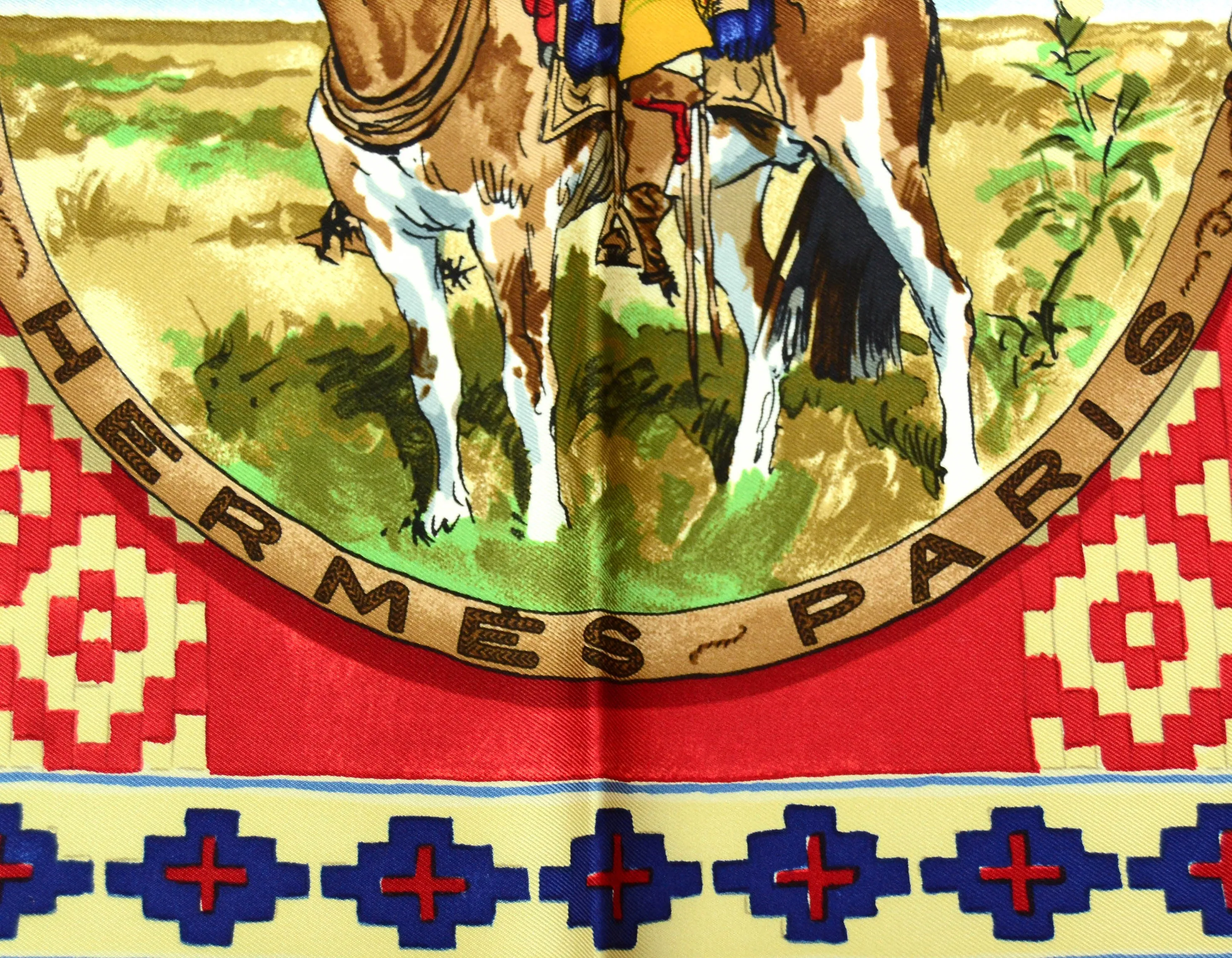 Hermes Blue & Red Gaucho 45cm Silk Pocket Square Scarf