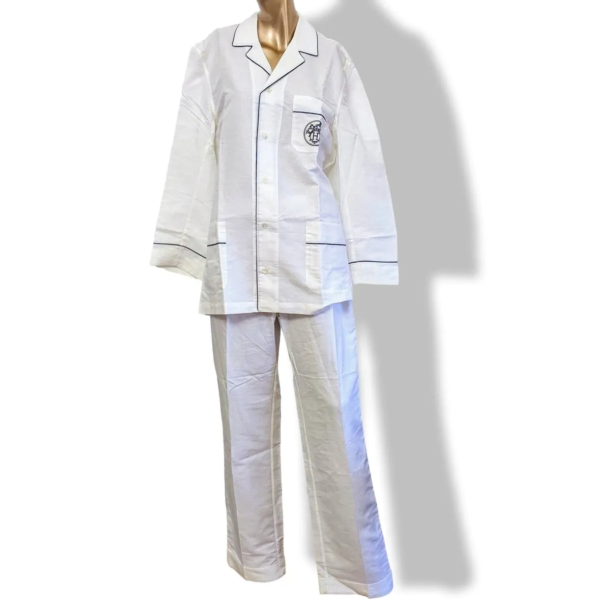 Hermes Men's Blanc/Marine Linen and Cotton Pajamas with Belt Sz48, BNWT!