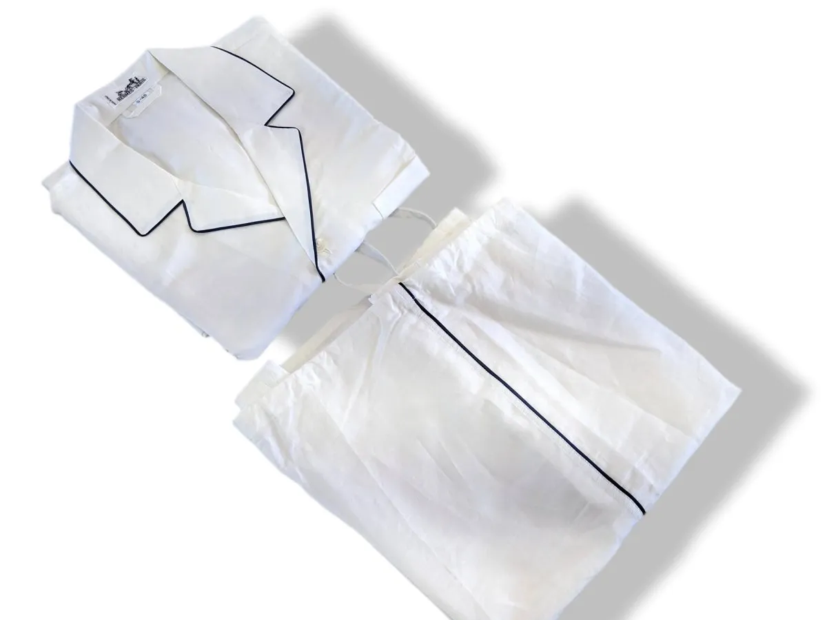 Hermes Men's Blanc/Marine Linen and Cotton Pajamas with Belt Sz48, BNWT!