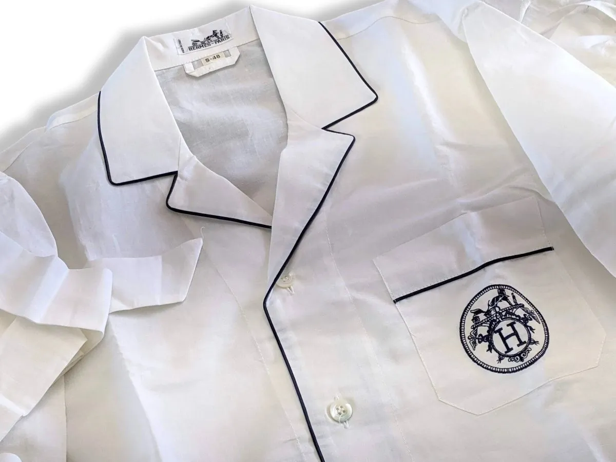 Hermes Men's Blanc/Marine Linen and Cotton Pajamas with Belt Sz48, BNWT!