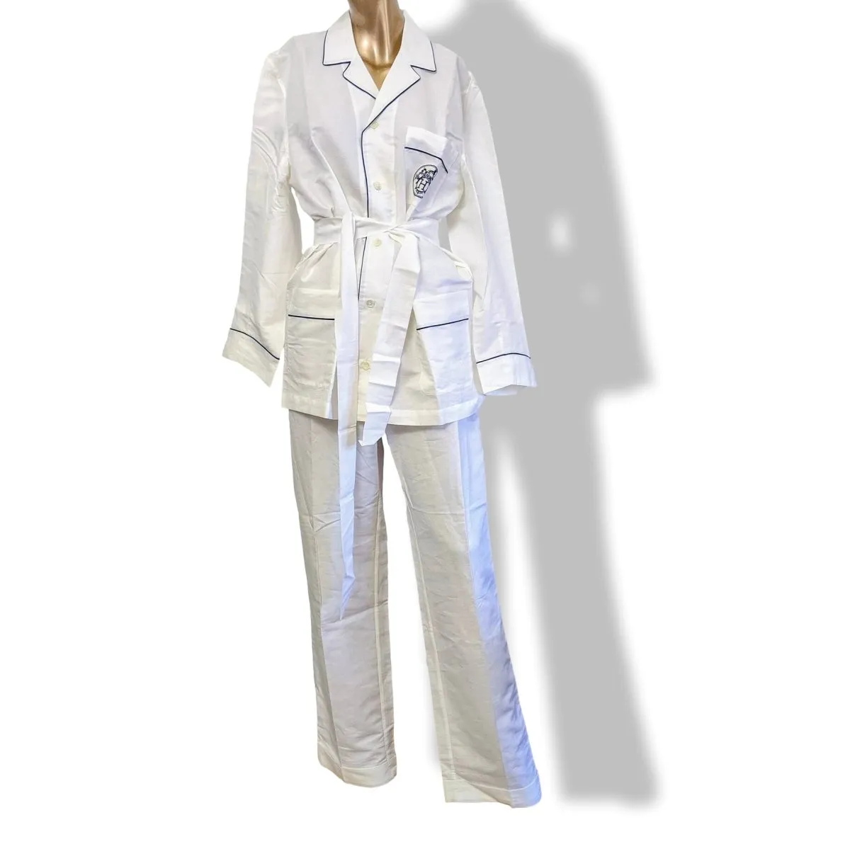 Hermes Men's Blanc/Marine Linen and Cotton Pajamas with Belt Sz48, BNWT!