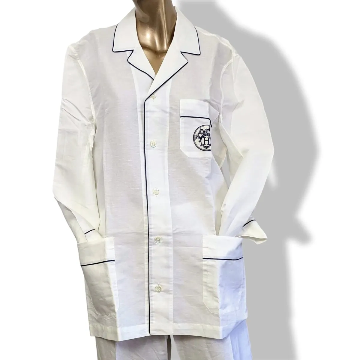 Hermes Men's Blanc/Marine Linen and Cotton Pajamas with Belt Sz48, BNWT!