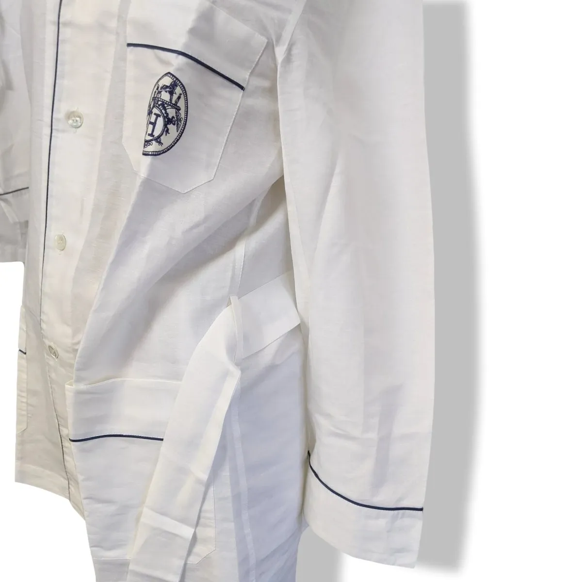 Hermes Men's Blanc/Marine Linen and Cotton Pajamas with Belt Sz48, BNWT!
