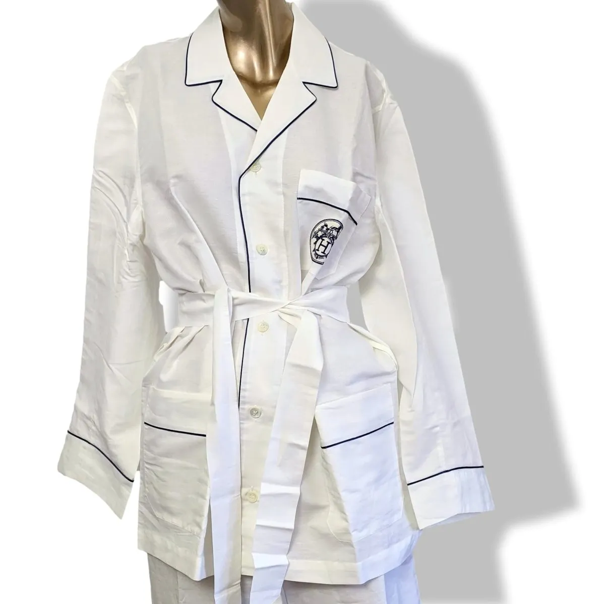 Hermes Men's Blanc/Marine Linen and Cotton Pajamas with Belt Sz48, BNWT!