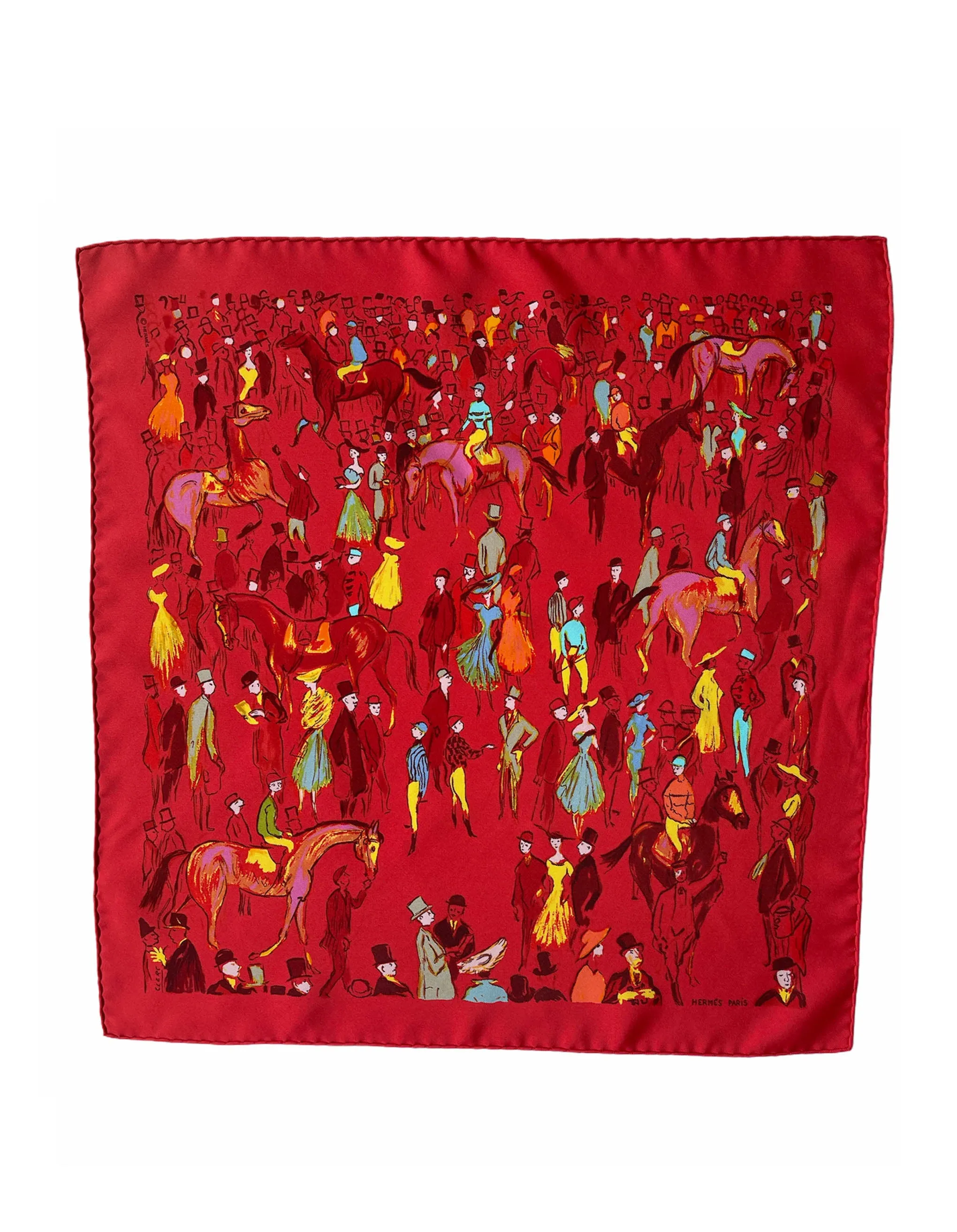Hermes Red Silk Paddock 45cm Pocket Square Scarf