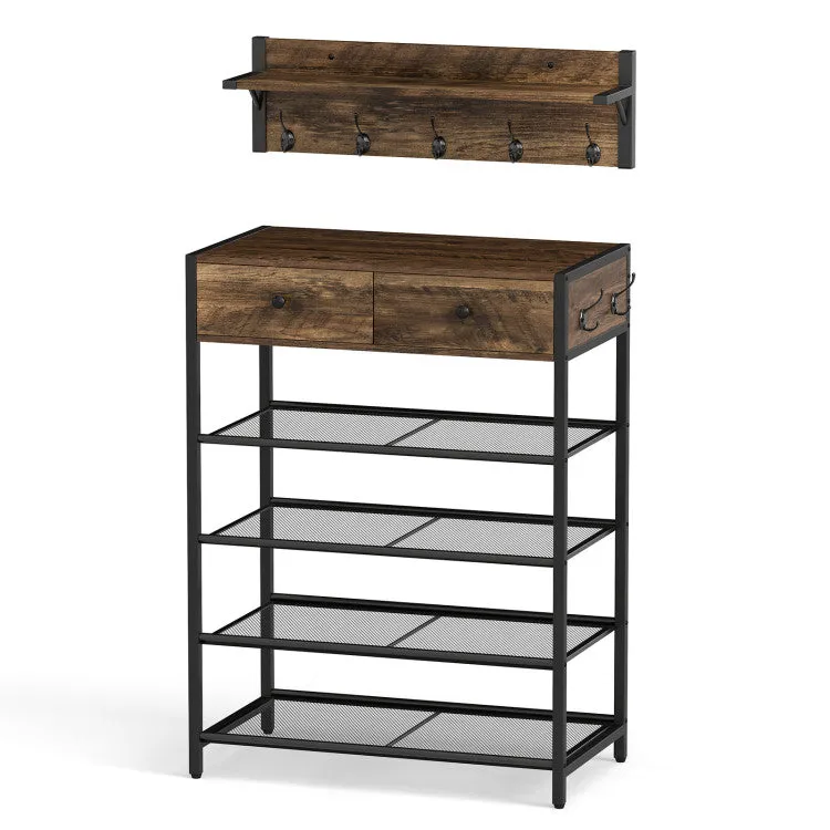 Hivvago Coat Rack Shoe Stand Set 5-Tier Shoe Rack with Wall-Mounted Coat Hanger-Brown