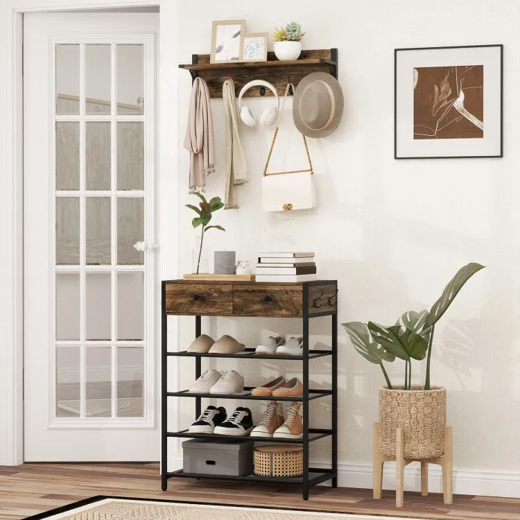 Hivvago Coat Rack Shoe Stand Set 5-Tier Shoe Rack with Wall-Mounted Coat Hanger-Brown