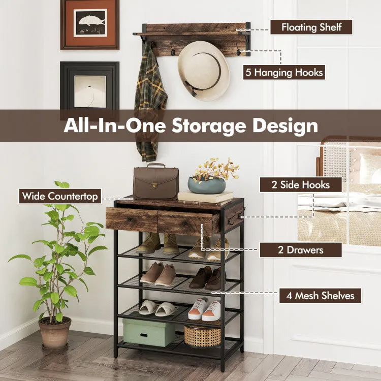 Hivvago Coat Rack Shoe Stand Set 5-Tier Shoe Rack with Wall-Mounted Coat Hanger-Brown