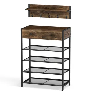 Hivvago Coat Rack Shoe Stand Set 5-Tier Shoe Rack with Wall-Mounted Coat Hanger-Brown