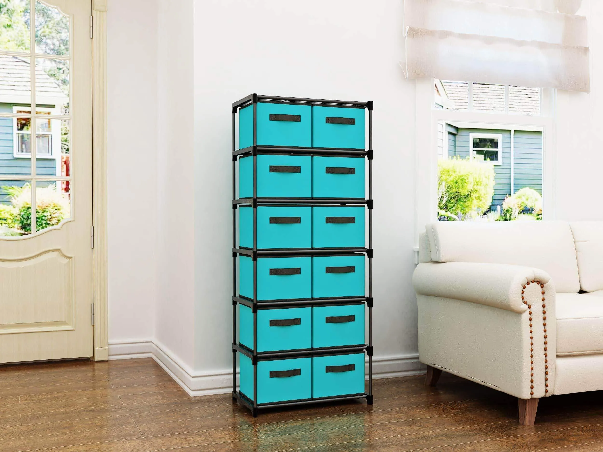 Homebi Storage Chest Shelf Unit 12-Drawer Storage Cabinet with 6-Tier Metal Wire Shelf and 12 Removable Non-woven Fabric Bins in Turquoise,20.67"W x 12"D x49.21"H