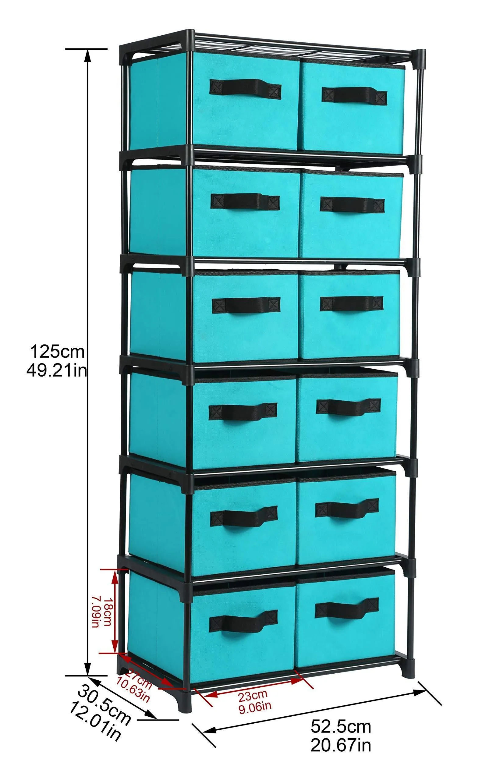 Homebi Storage Chest Shelf Unit 12-Drawer Storage Cabinet with 6-Tier Metal Wire Shelf and 12 Removable Non-woven Fabric Bins in Turquoise,20.67"W x 12"D x49.21"H