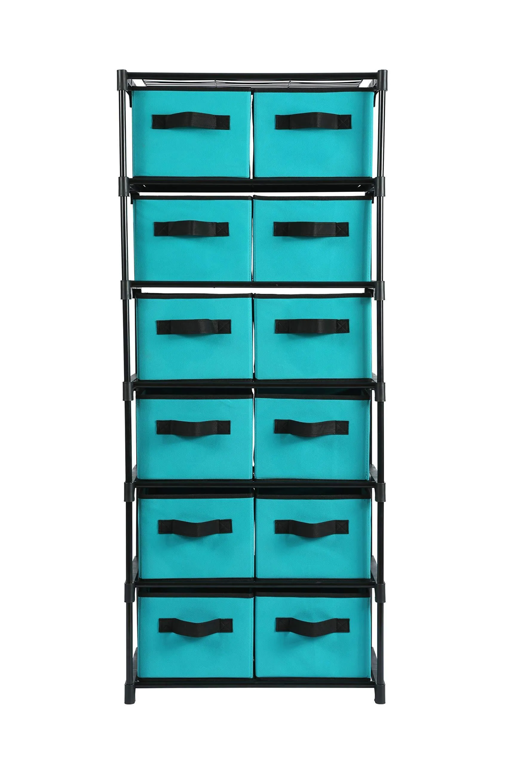Homebi Storage Chest Shelf Unit 12-Drawer Storage Cabinet with 6-Tier Metal Wire Shelf and 12 Removable Non-woven Fabric Bins in Turquoise,20.67"W x 12"D x49.21"H