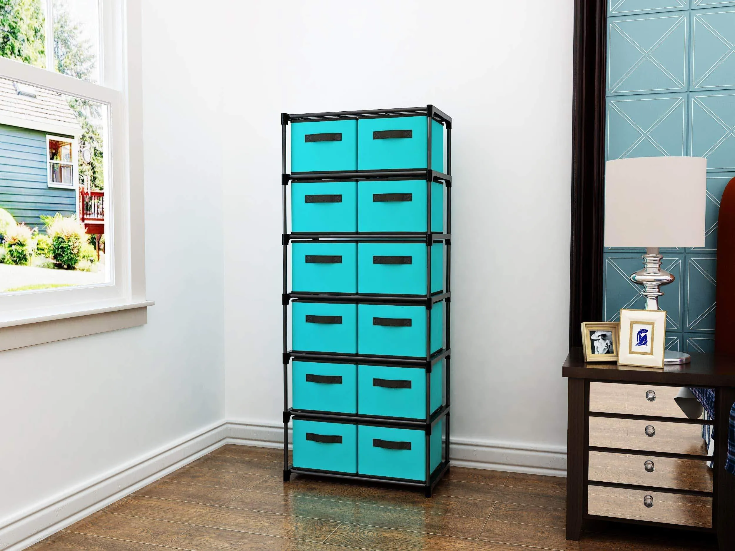 Homebi Storage Chest Shelf Unit 12-Drawer Storage Cabinet with 6-Tier Metal Wire Shelf and 12 Removable Non-woven Fabric Bins in Turquoise,20.67"W x 12"D x49.21"H