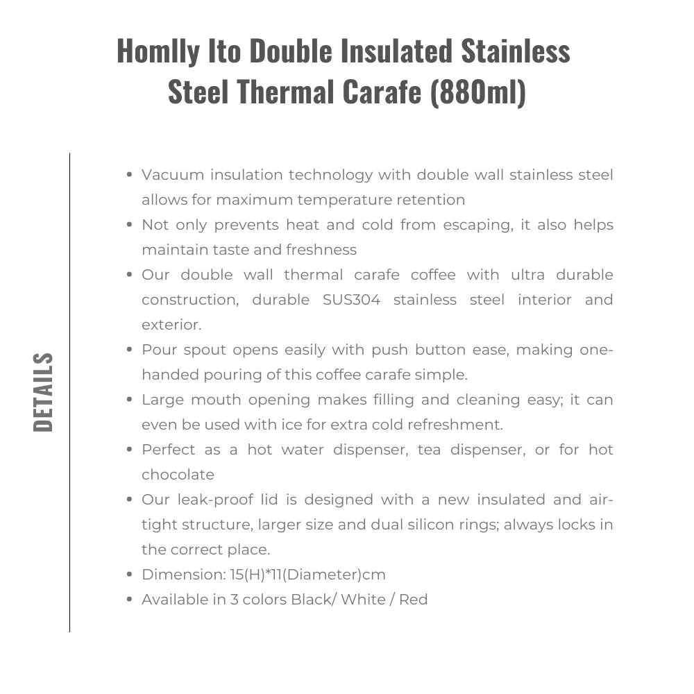 Homlly Ito Double Insulated Stainless Steel Thermal Carafe (880ml)