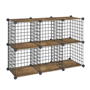 HOOBRO Cube Storage Organizer, Wire Cube Storage, 6-Cube Metal Grid Storage Shelf, Modular Cabinet, DIY Cube Bookshelf, for Living Room, Bedroom, Study, Rustic Brown and Black BF06CW01