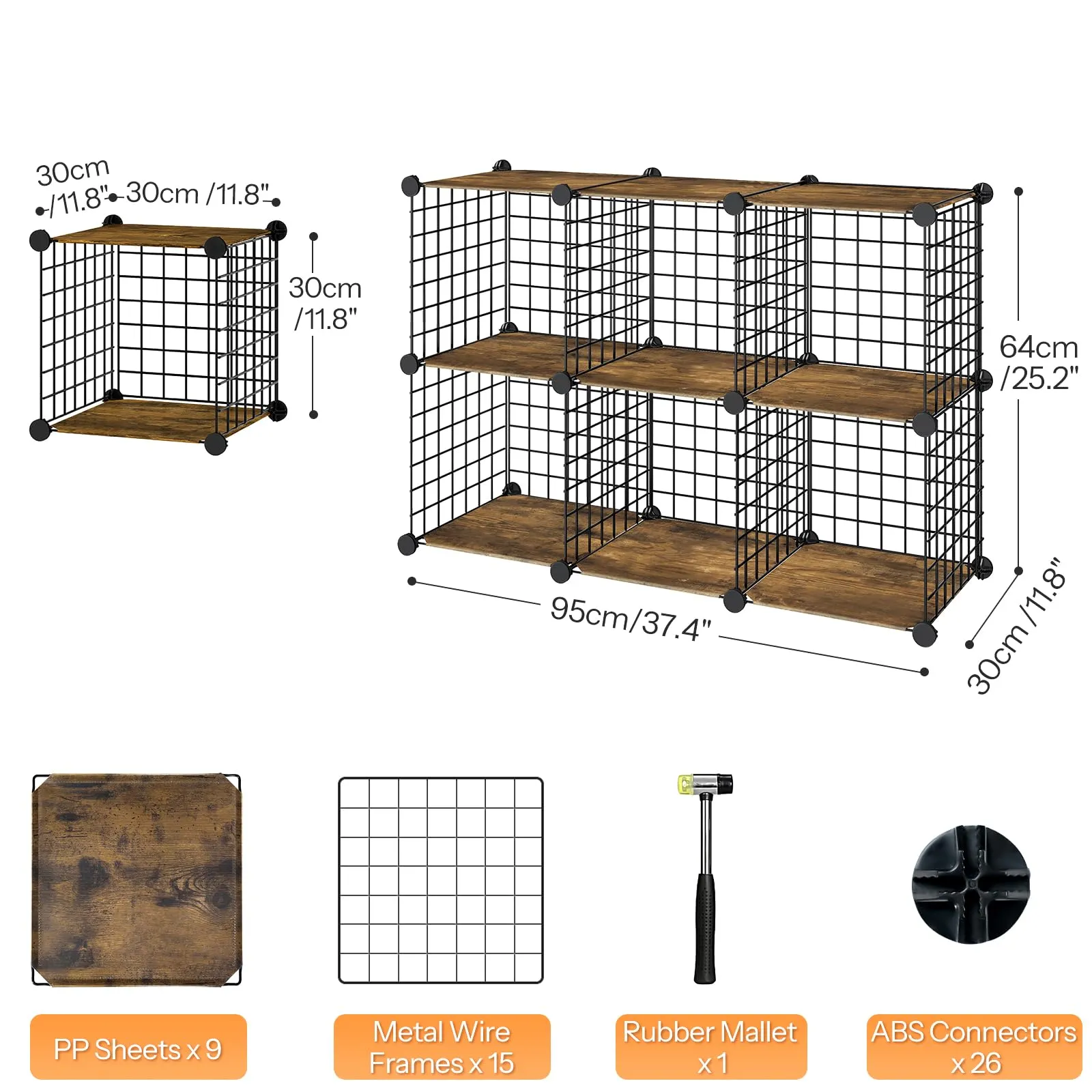 HOOBRO Cube Storage Organizer, Wire Cube Storage, 6-Cube Metal Grid Storage Shelf, Modular Cabinet, DIY Cube Bookshelf, for Living Room, Bedroom, Study, Rustic Brown and Black BF06CW01