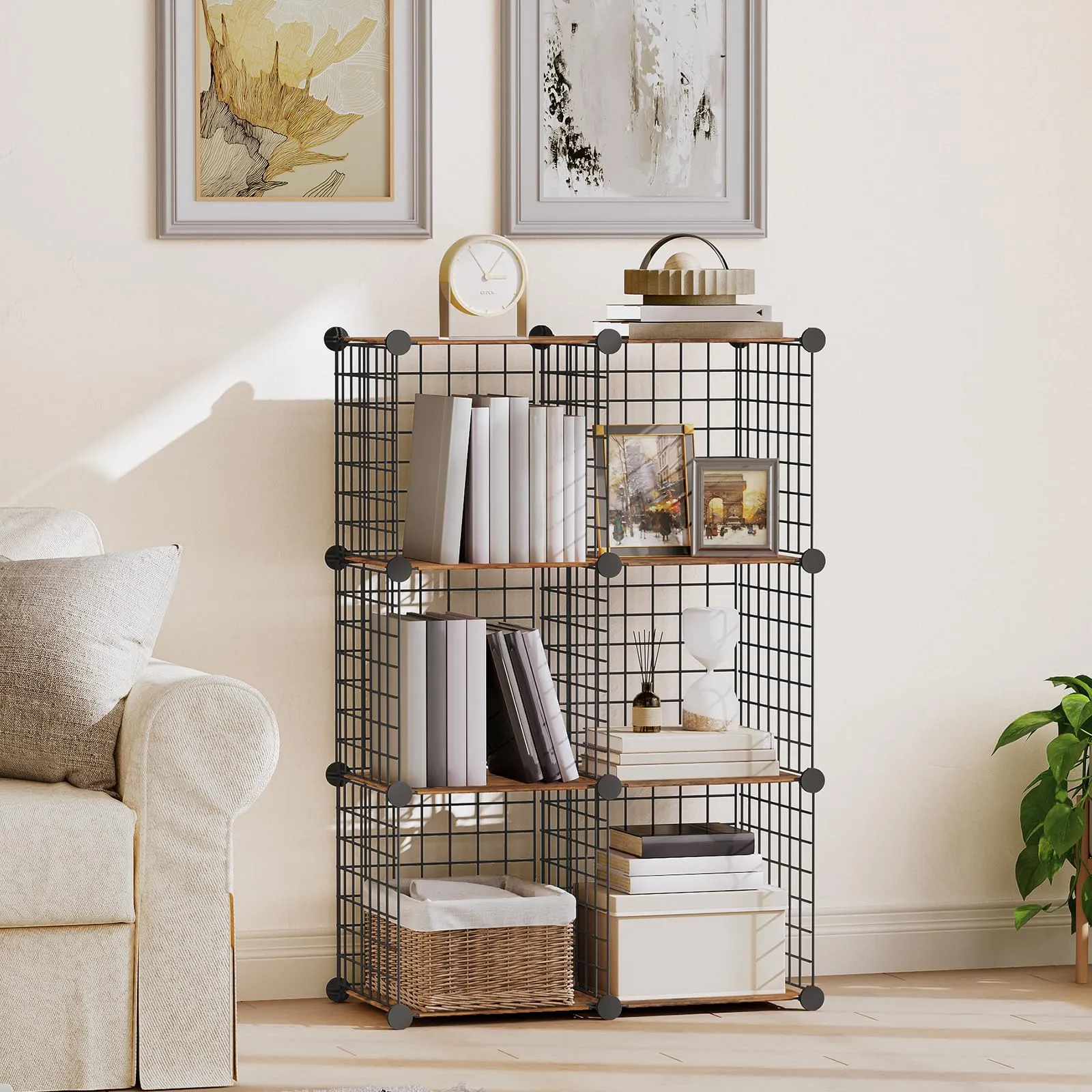 HOOBRO Cube Storage Organizer, Wire Cube Storage, 6-Cube Metal Grid Storage Shelf, Modular Cabinet, DIY Cube Bookshelf, for Living Room, Bedroom, Study, Rustic Brown and Black BF06CW01