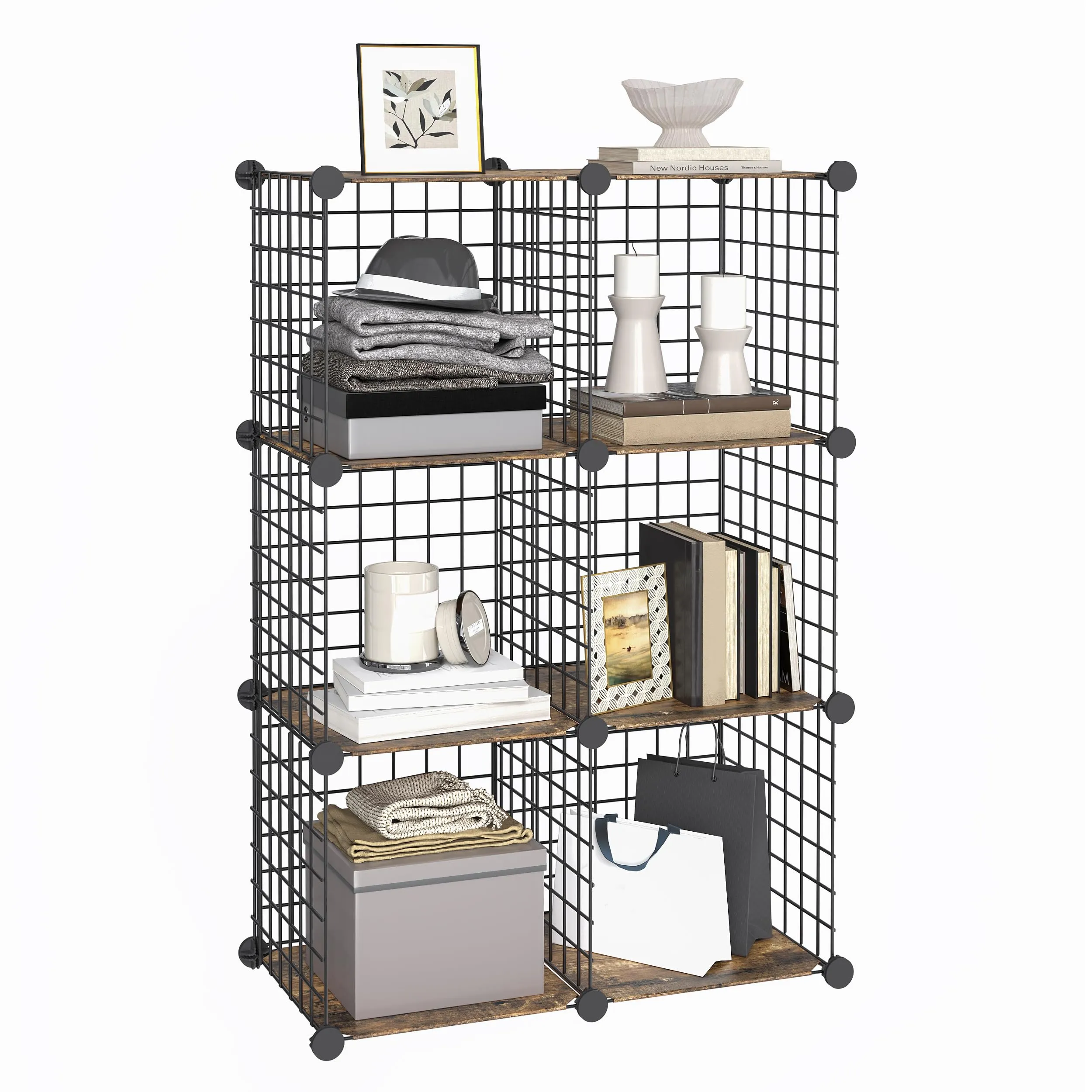HOOBRO Cube Storage Organizer, Wire Cube Storage, 6-Cube Metal Grid Storage Shelf, Modular Cabinet, DIY Cube Bookshelf, for Living Room, Bedroom, Study, Rustic Brown and Black BF06CW01
