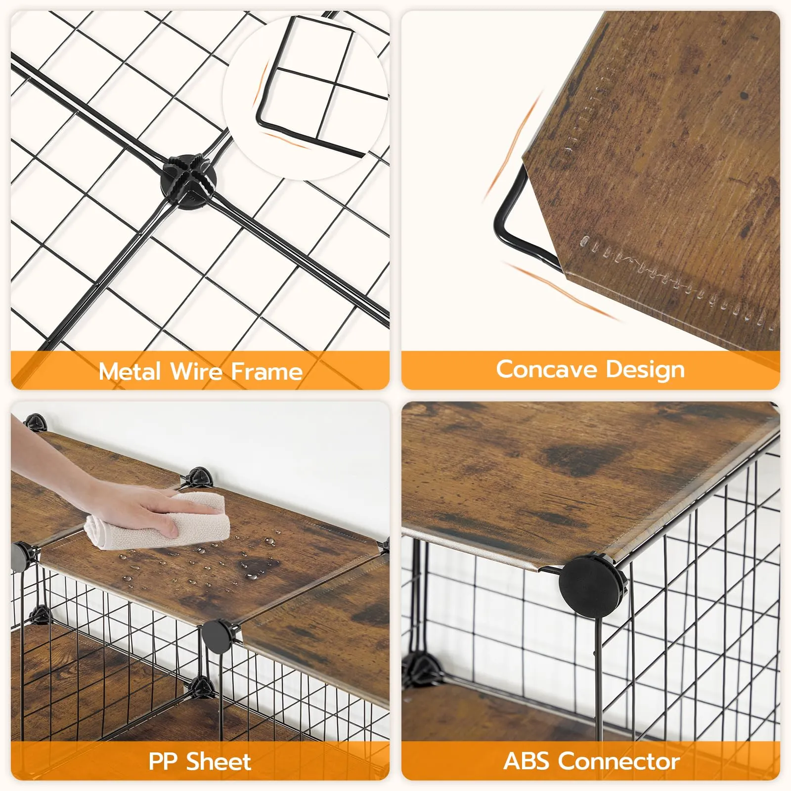 HOOBRO Cube Storage Organizer, Wire Cube Storage, 6-Cube Metal Grid Storage Shelf, Modular Cabinet, DIY Cube Bookshelf, for Living Room, Bedroom, Study, Rustic Brown and Black BF06CW01