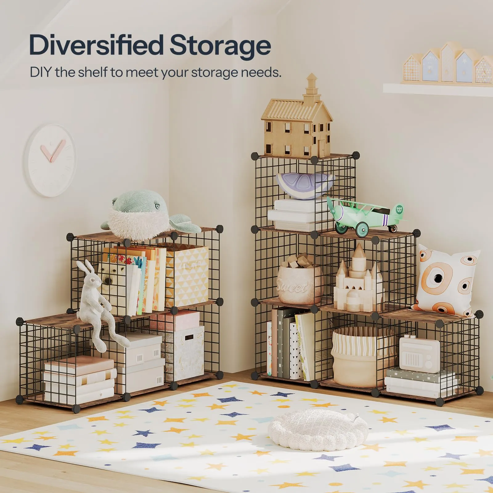 HOOBRO Cube Storage Organizer, Wire Cube Storage, 6-Cube Metal Grid Storage Shelf, Modular Cabinet, DIY Cube Bookshelf, for Living Room, Bedroom, Study, Rustic Brown and Black BF06CW01